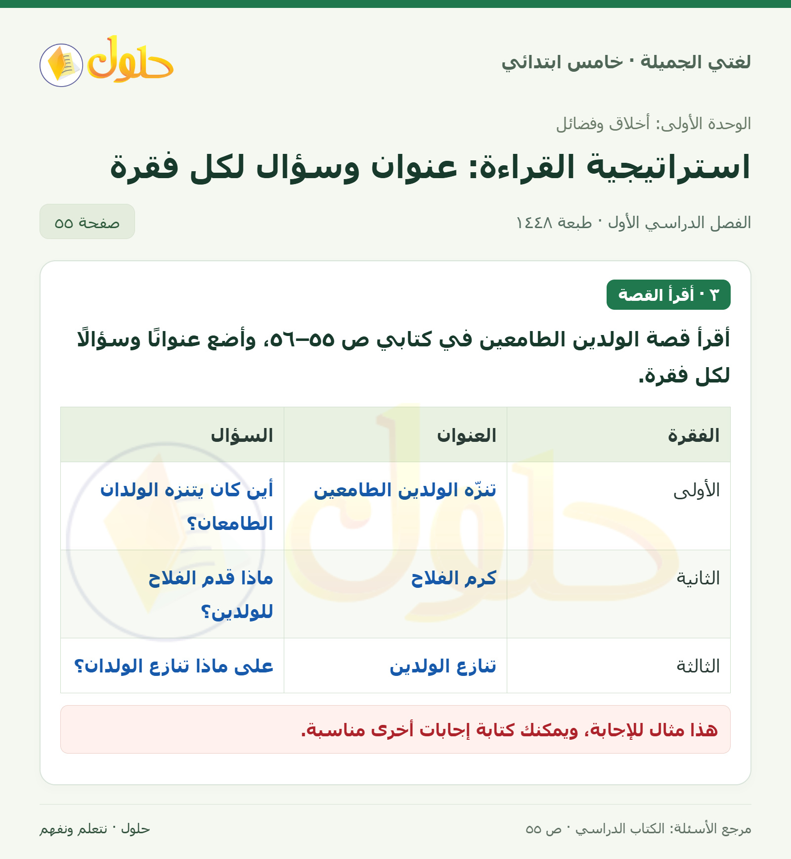حل لغتي الجميلة للصف الخامس الابتدائي صفحة 55: عناوين وأسئلة قصة الولدين الطماعين
