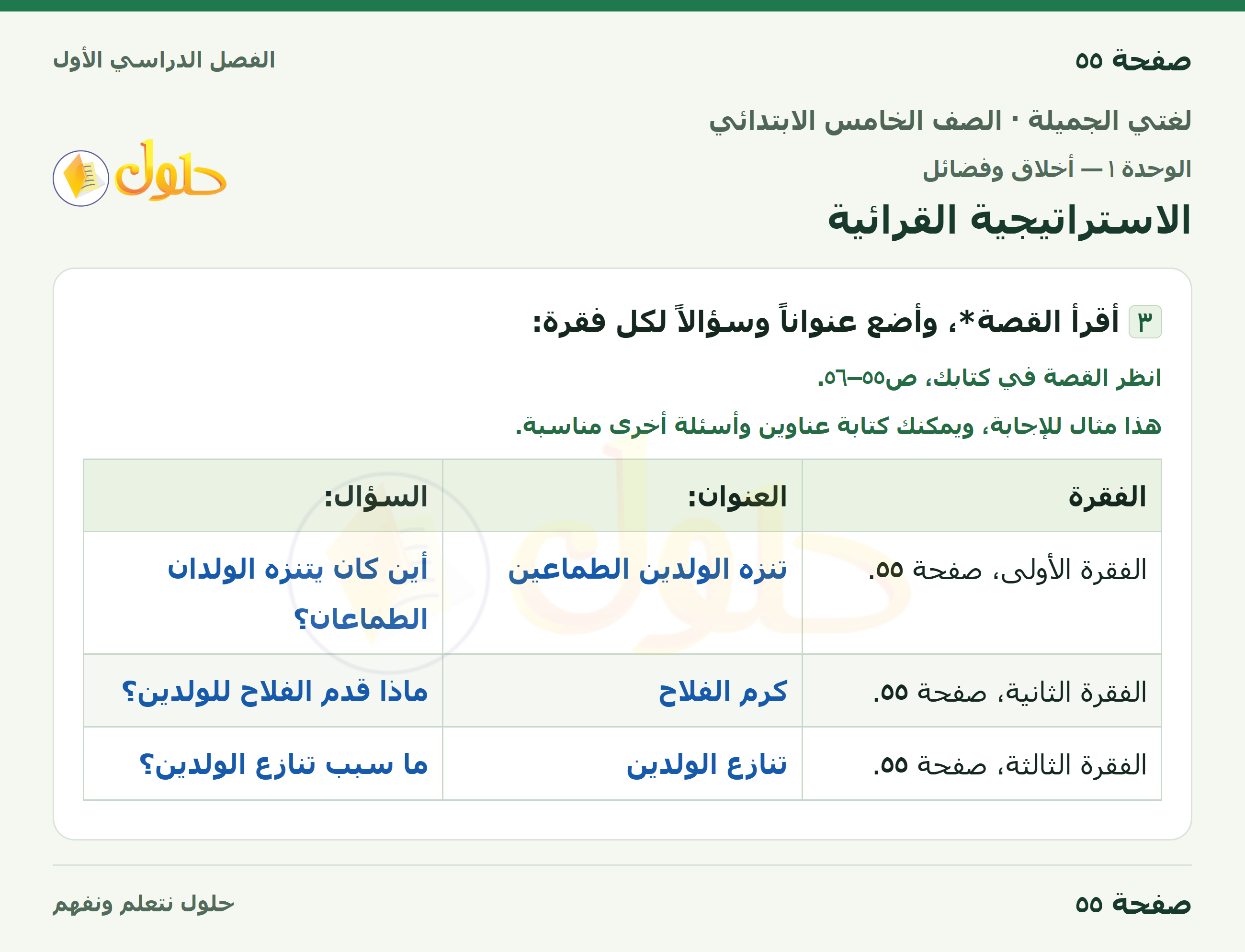 حل لغتي الجميلة للصف الخامس الابتدائي صفحة 55: الاستراتيجية القرائية