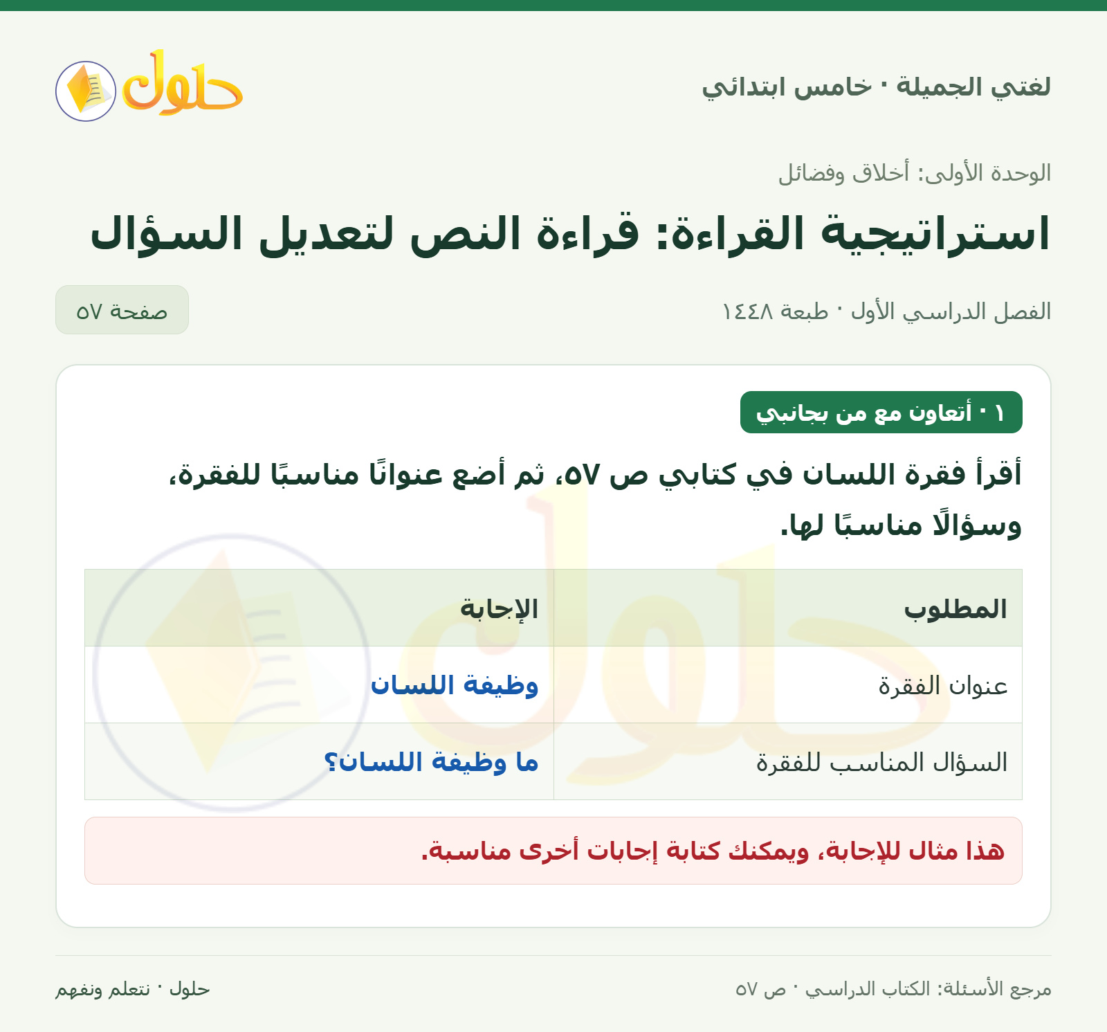 حل لغتي الجميلة للصف الخامس الابتدائي صفحة 57: عنوان وسؤال لفقرة التذوق