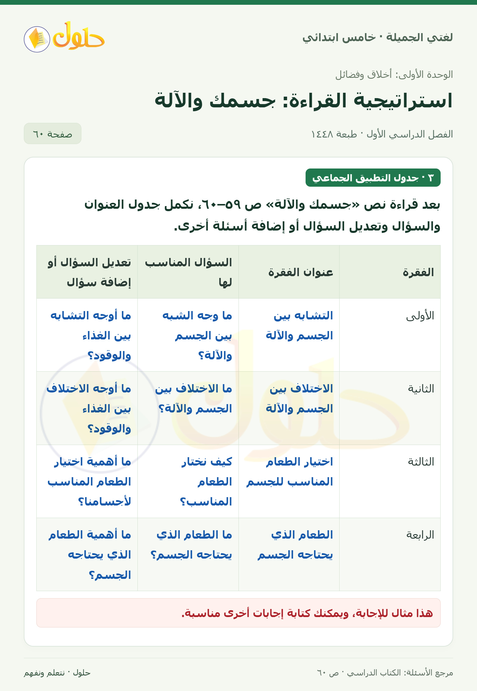 حل لغتي الجميلة للصف الخامس الابتدائي صفحة 60: أسئلة الفهم حول جسمك والآلة