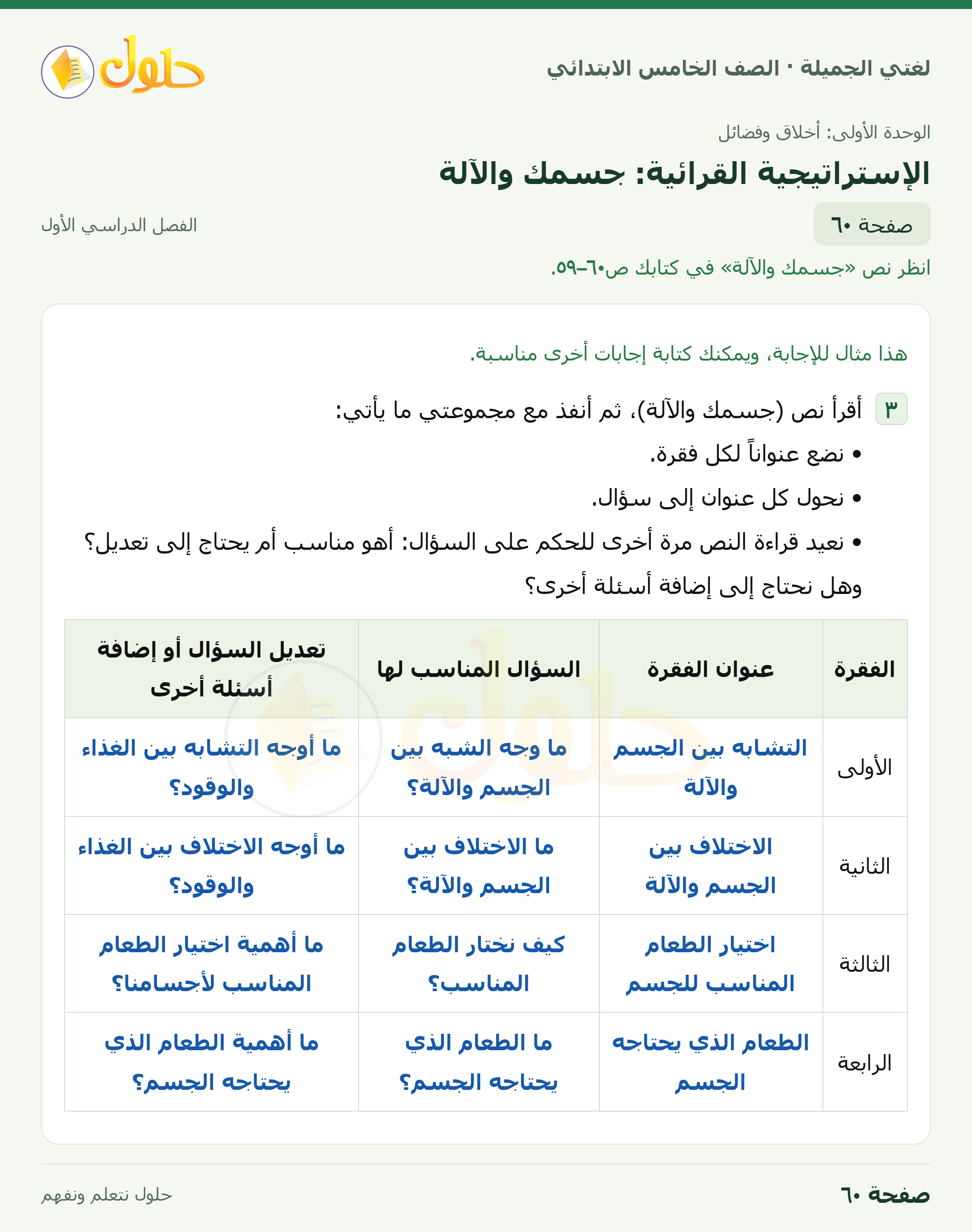 حل لغتي الجميلة للصف الخامس الابتدائي صفحة 60: الإستراتيجية القرائية: جسمك والآلة