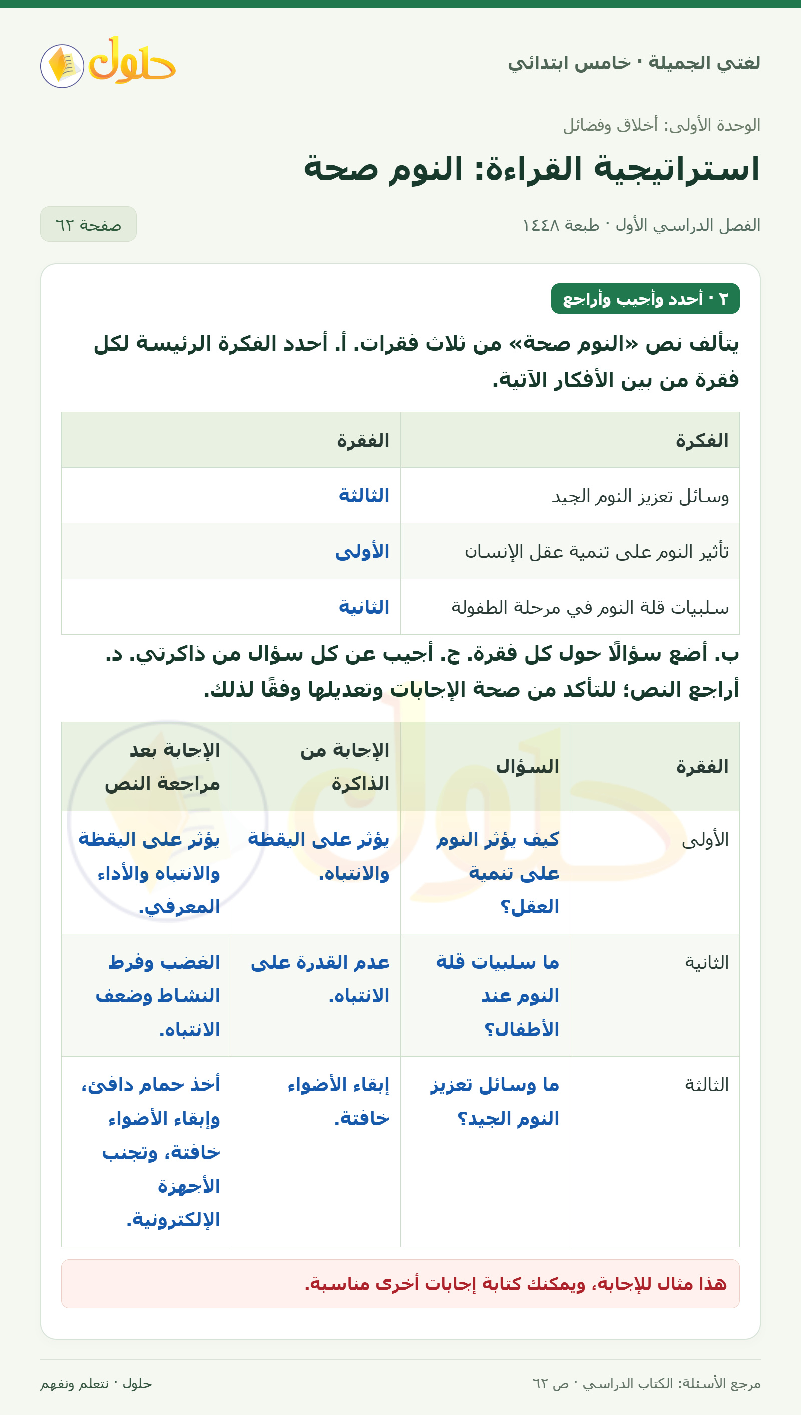 حل لغتي الجميلة للصف الخامس الابتدائي صفحة 62: الفكرة الرئيسة لفقرات نص النوم صحة