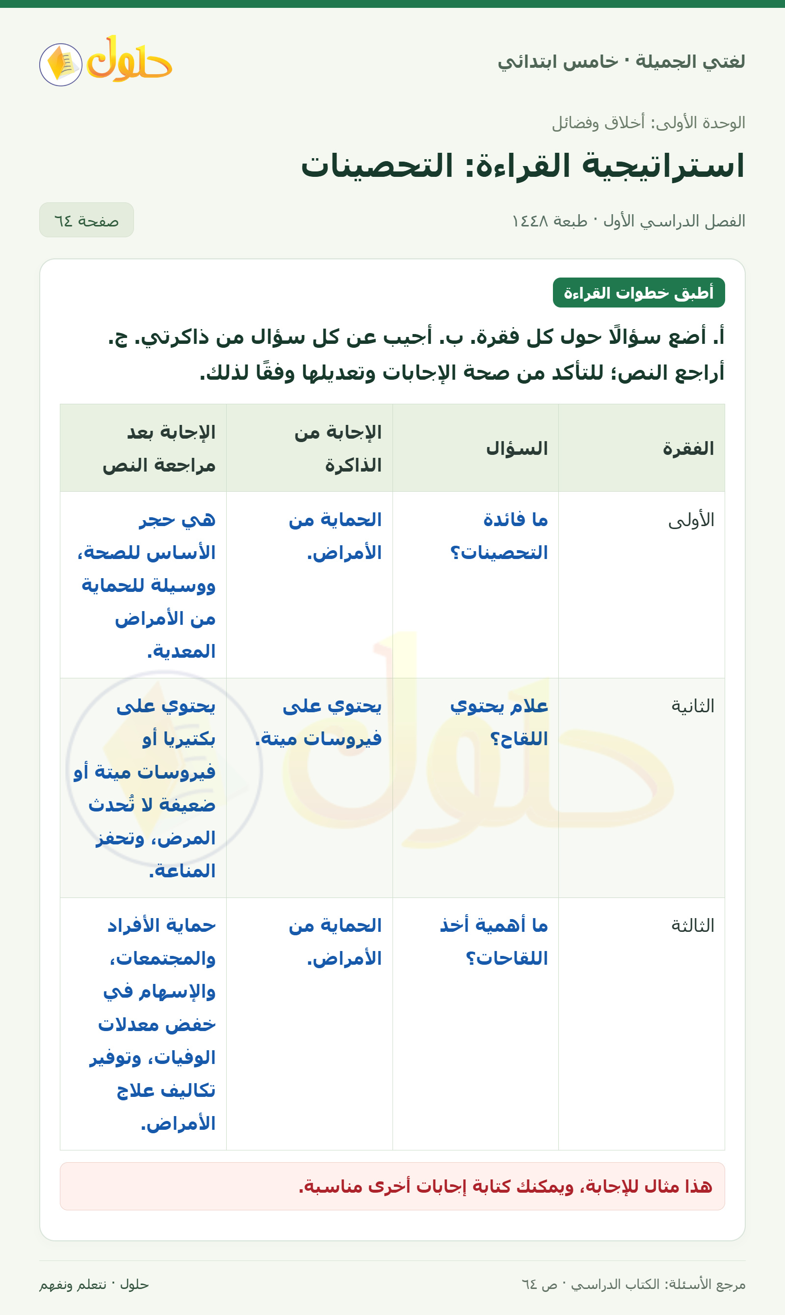 حل لغتي الجميلة للصف الخامس الابتدائي صفحة 64: أسئلة وإجابات نص التحصينات