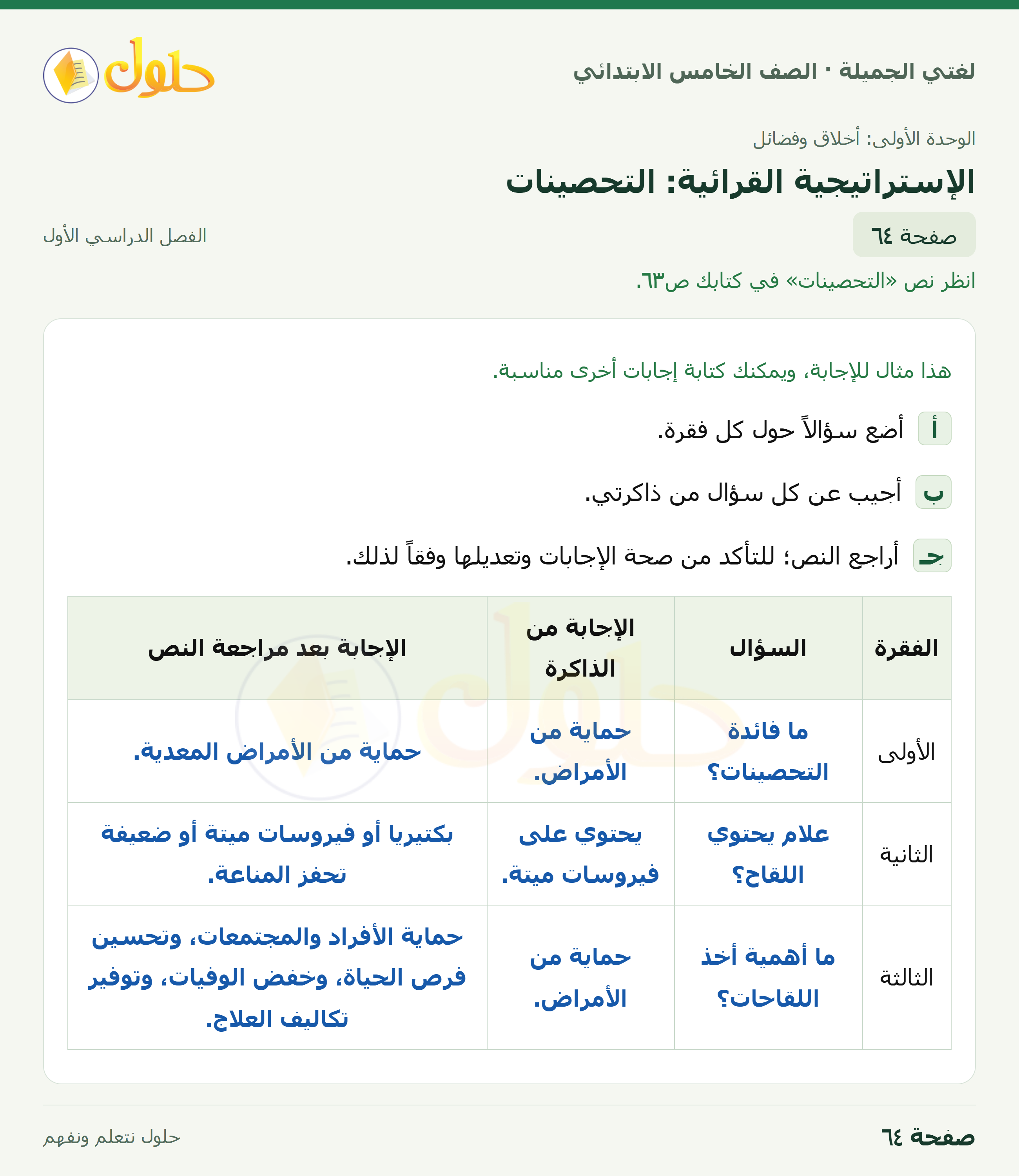 حل لغتي الجميلة للصف الخامس الابتدائي صفحة 64: الإستراتيجية القرائية: التحصينات