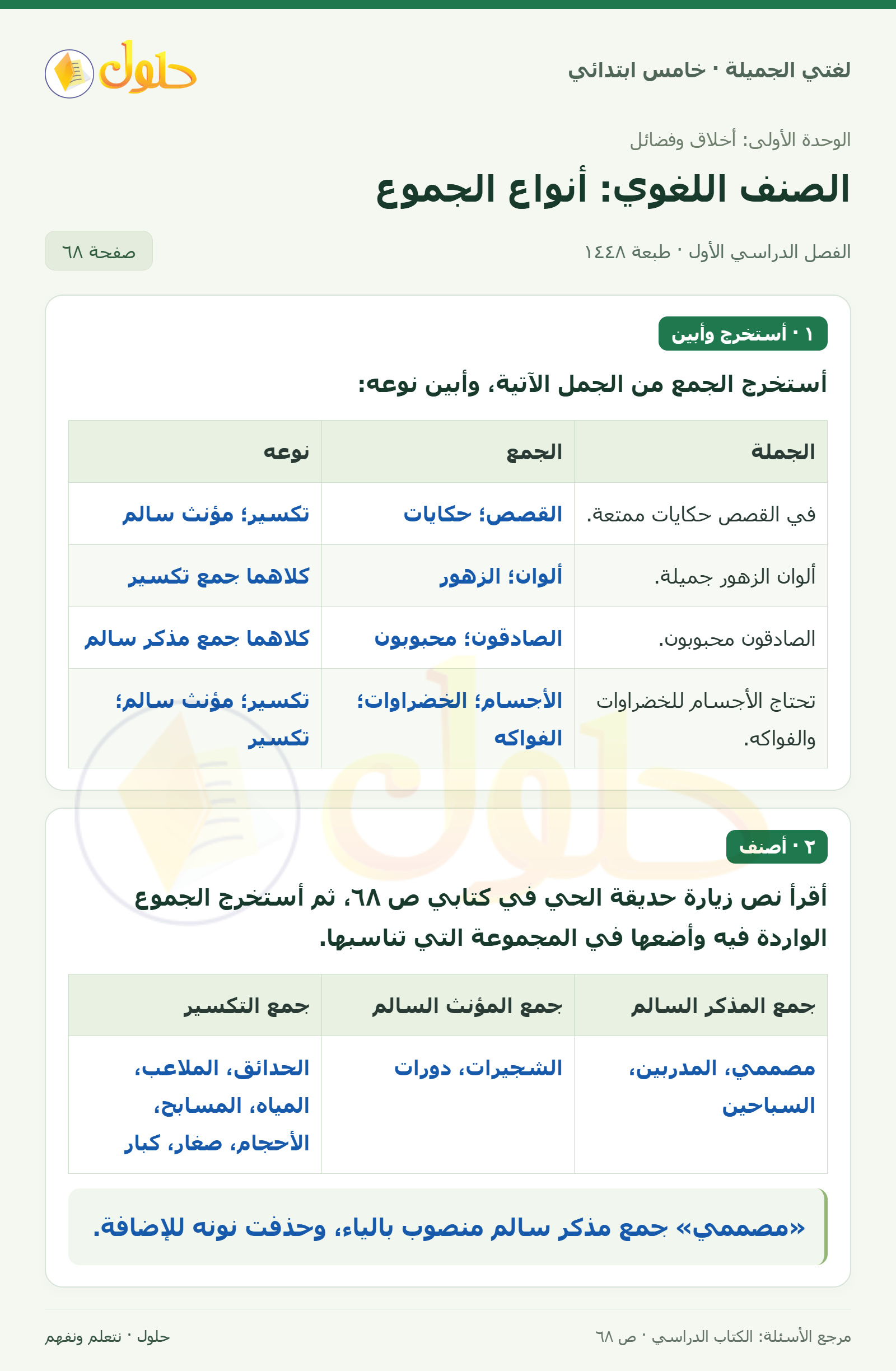حل لغتي الجميلة للصف الخامس الابتدائي صفحة 68: استخراج الجمع وبيان نوعه