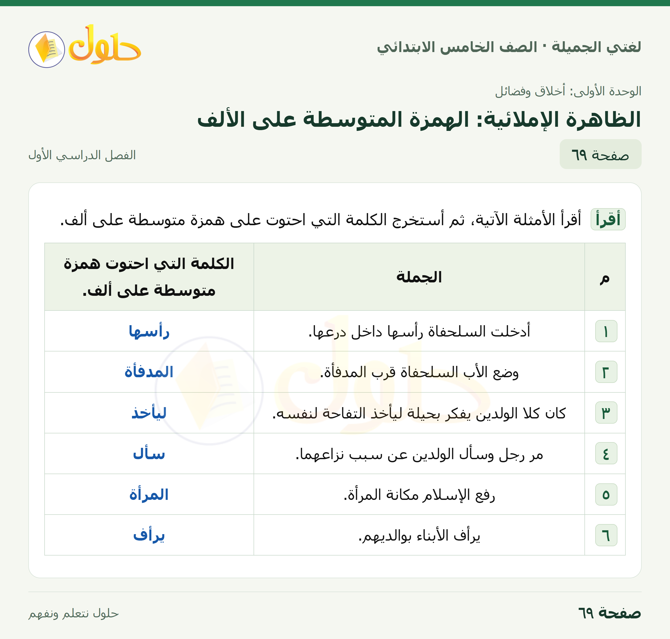حل لغتي الجميلة للصف الخامس الابتدائي صفحة 69: الظاهرة الإملائية: الهمزة المتوسطة على الألف
