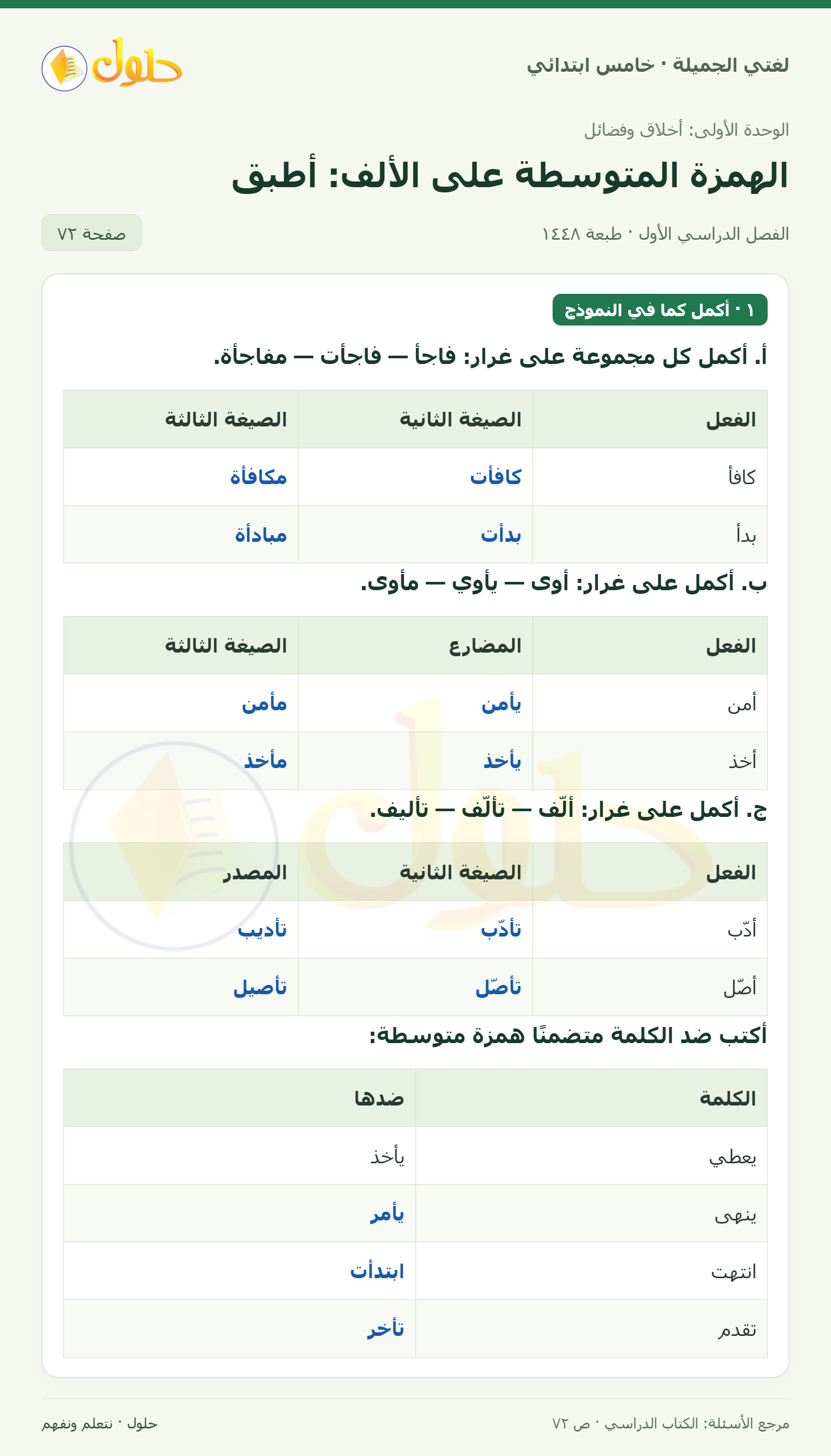 حل لغتي الجميلة للصف الخامس الابتدائي صفحة 72: إكمال المجموعات وأضداد بهمزة على واو