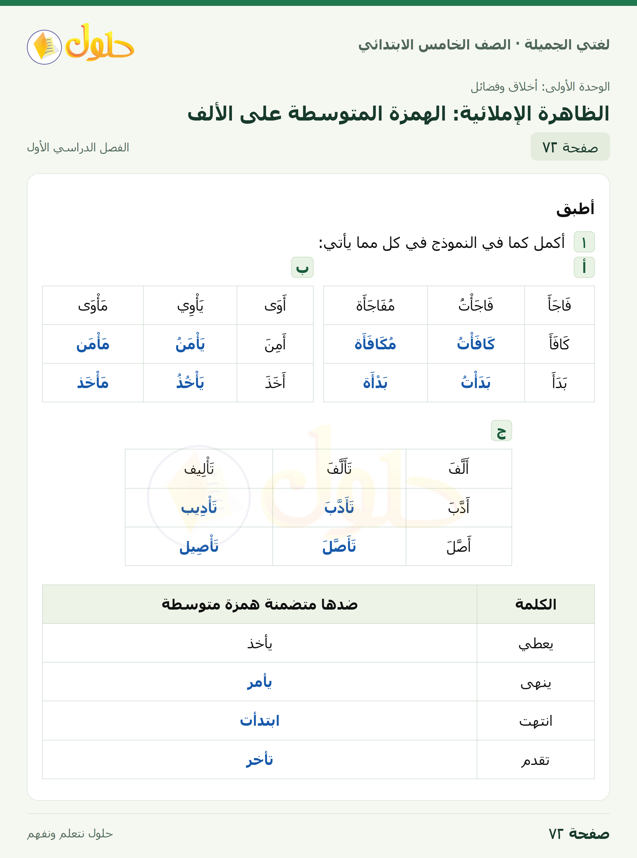 حل لغتي الجميلة للصف الخامس الابتدائي صفحة 72: الظاهرة الإملائية: الهمزة المتوسطة على الألف