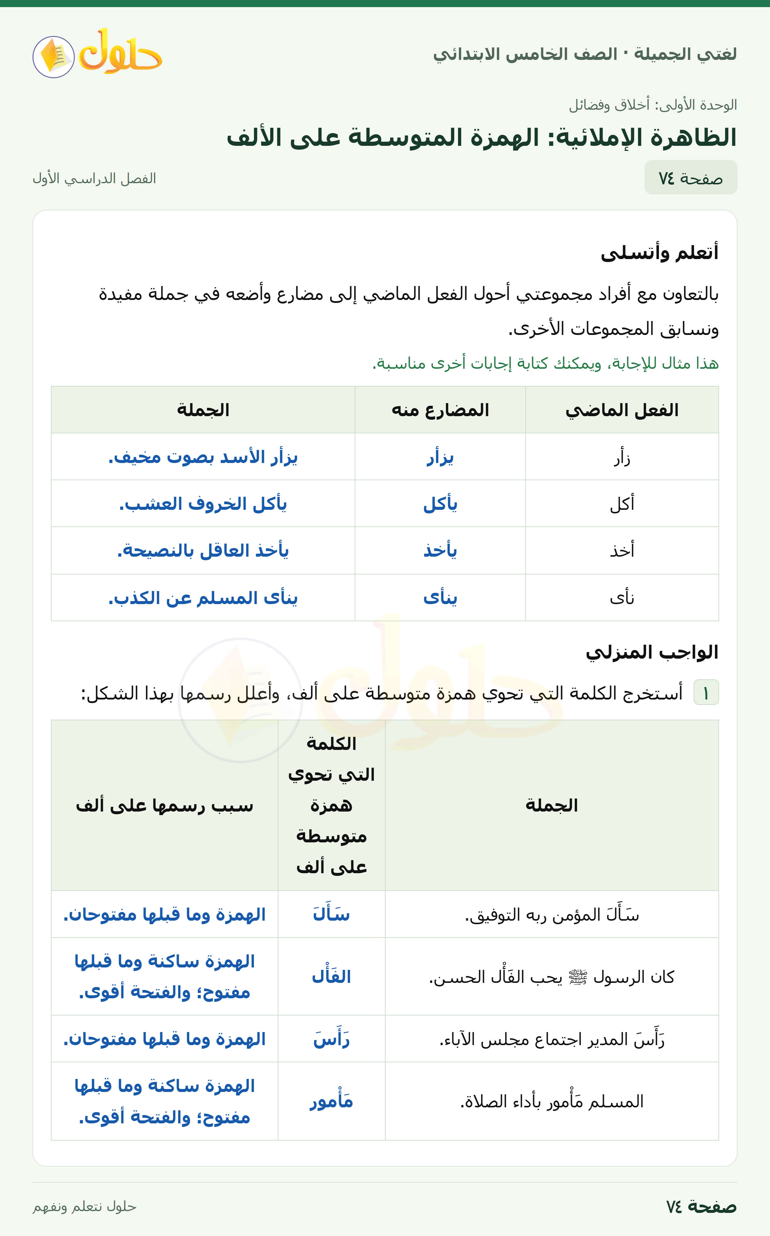 حل لغتي الجميلة للصف الخامس الابتدائي صفحة 74: الظاهرة الإملائية: الهمزة المتوسطة على الألف