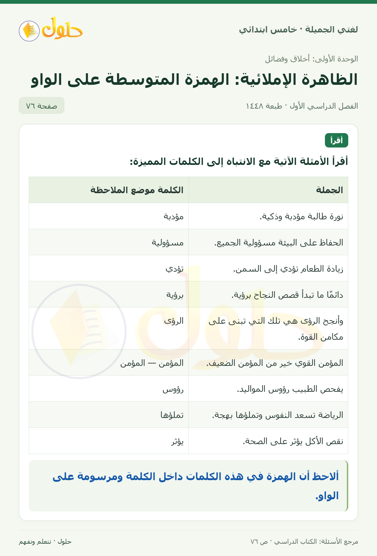 حل لغتي الجميلة للصف الخامس الابتدائي صفحة 76: الهمزة المتوسطة على الواو
