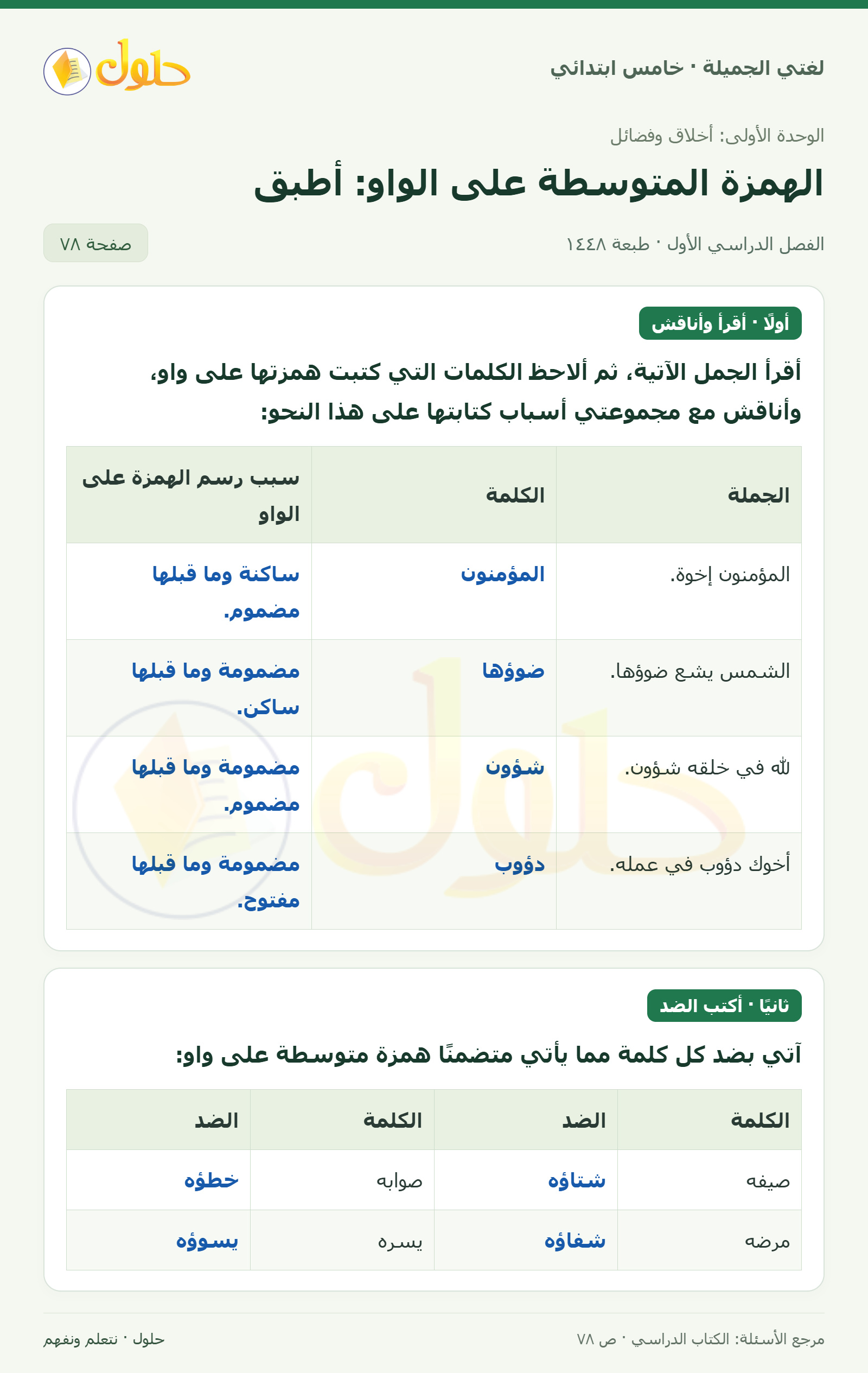 حل لغتي الجميلة للصف الخامس الابتدائي صفحة 78: ملاحظة أسباب كتابة الهمزة على الواو