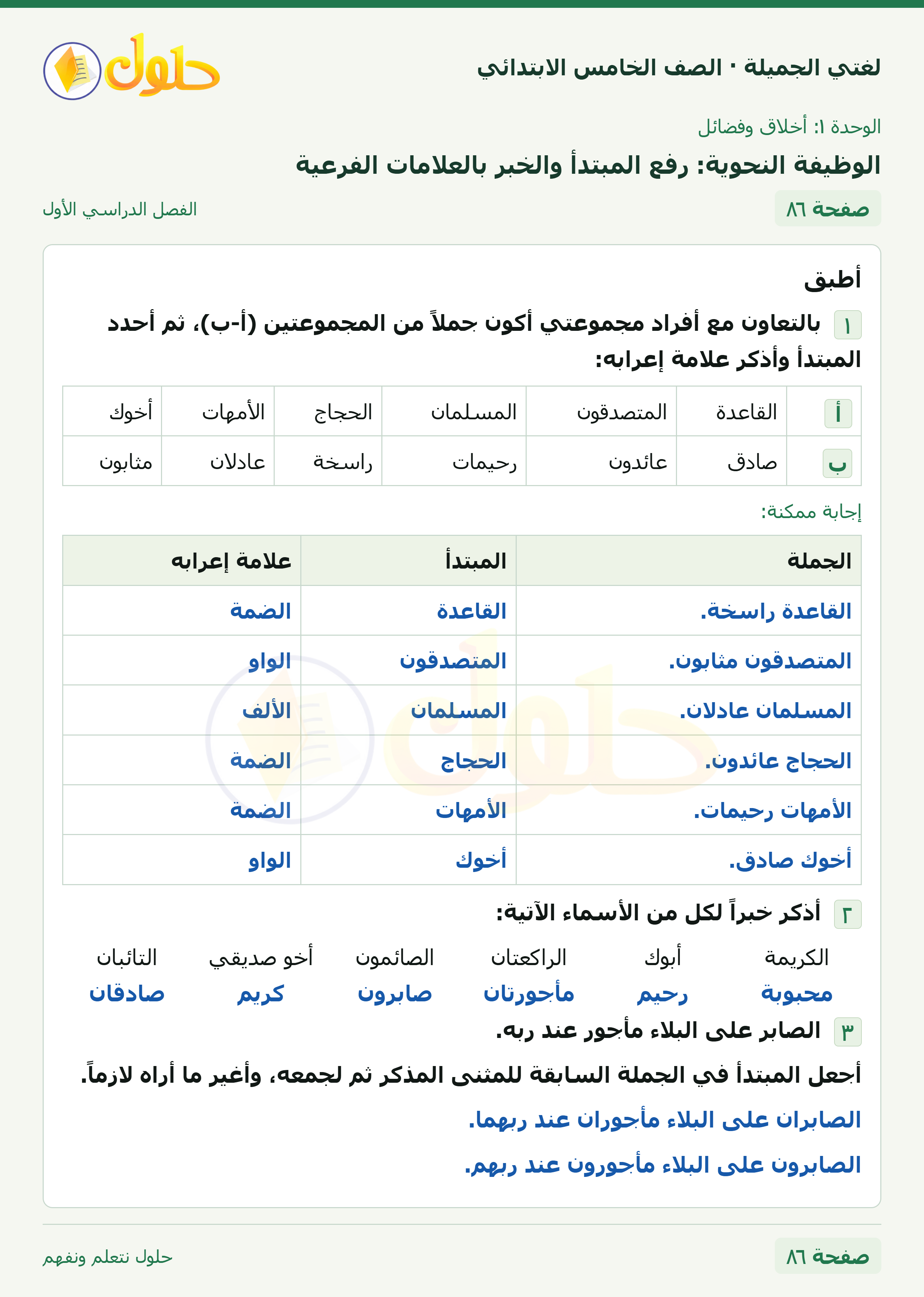 حل لغتي الجميلة للصف الخامس الابتدائي صفحة 86: الوظيفة النحوية: رفع المبتدأ والخبر بالعلامات الفرعية