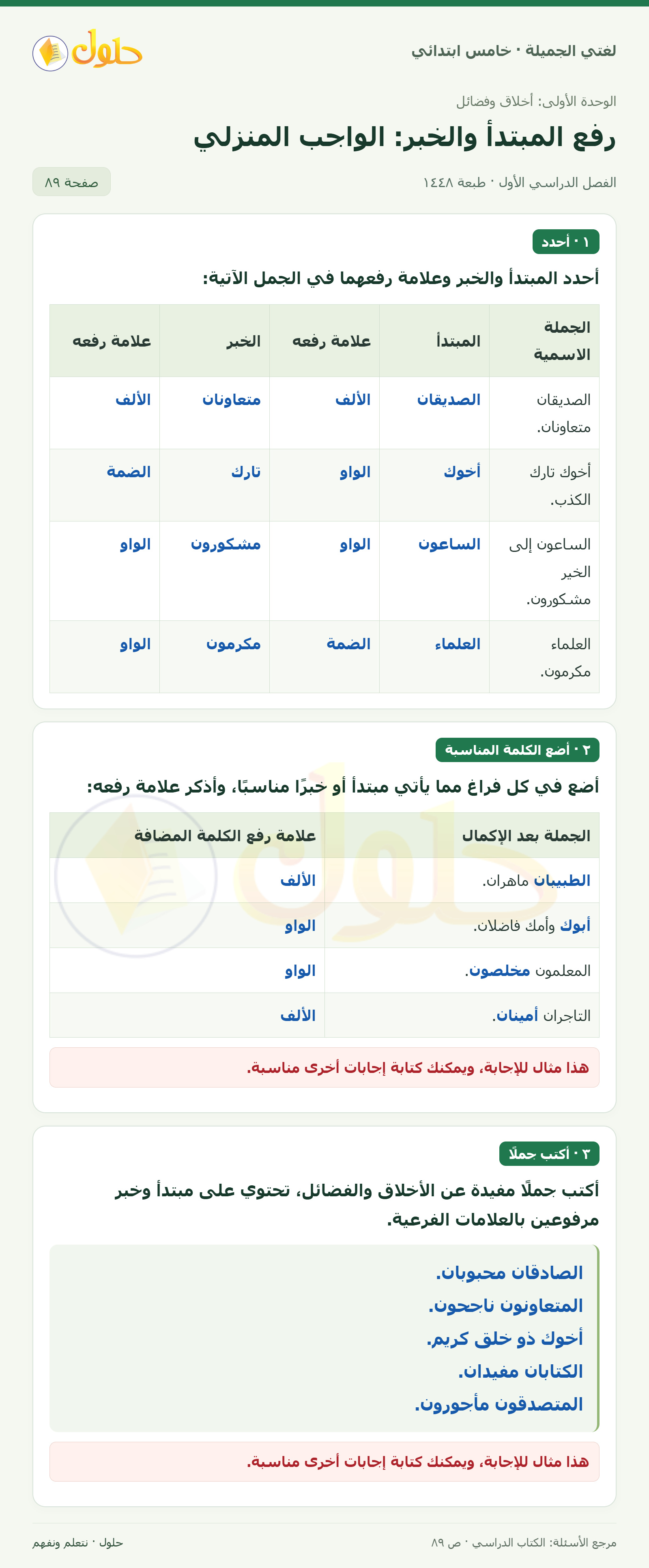 حل لغتي الجميلة للصف الخامس الابتدائي صفحة 89: واجب المبتدأ والخبر وعلامة الرفع