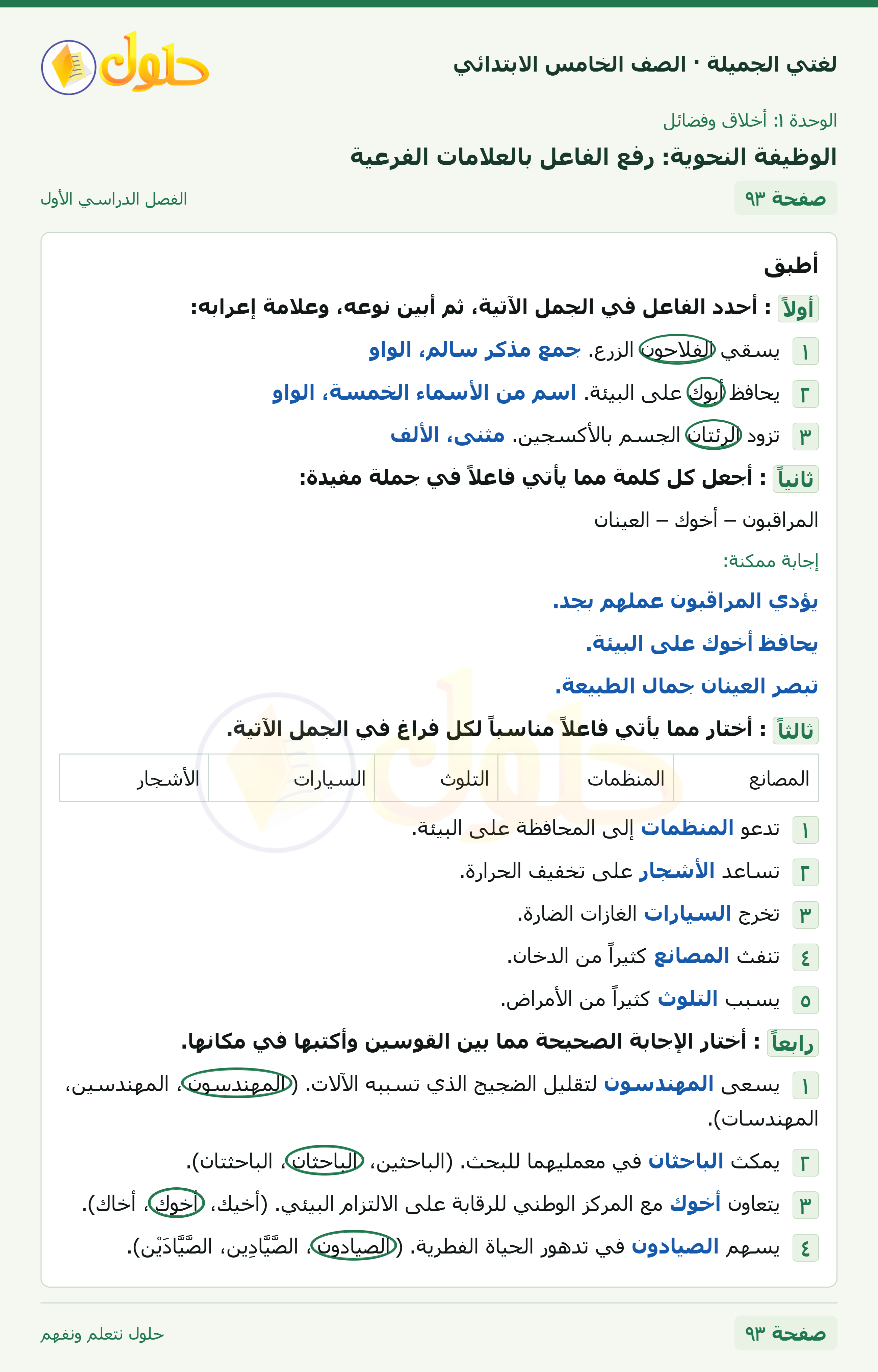 حل لغتي الجميلة للصف الخامس الابتدائي صفحة 93: الوظيفة النحوية: رفع الفاعل بالعلامات الفرعية