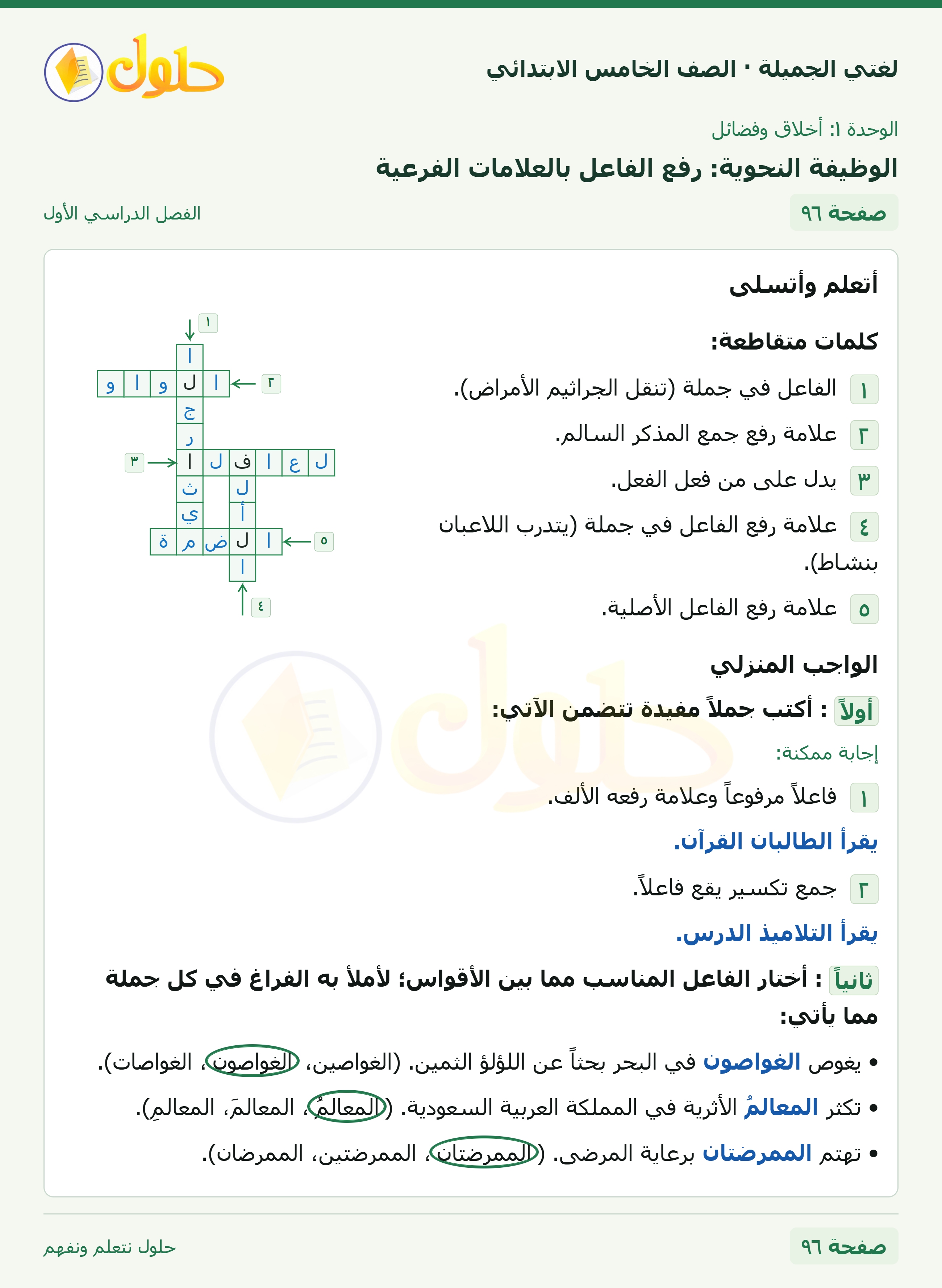 حل لغتي الجميلة للصف الخامس الابتدائي صفحة 96: الوظيفة النحوية: رفع الفاعل بالعلامات الفرعية
