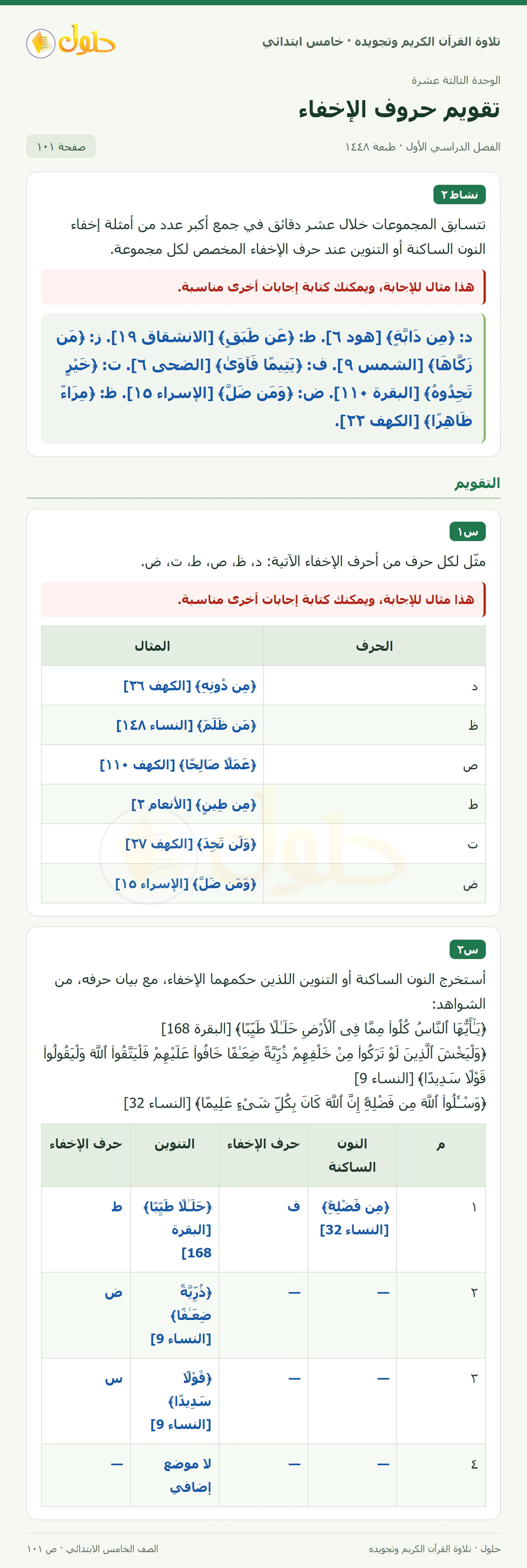نشاط ٢ · س١ في القرآن الكريم والتلاوة للصف الخامس الابتدائي، الفصل الدراسي الأول، صفحة ١٠١