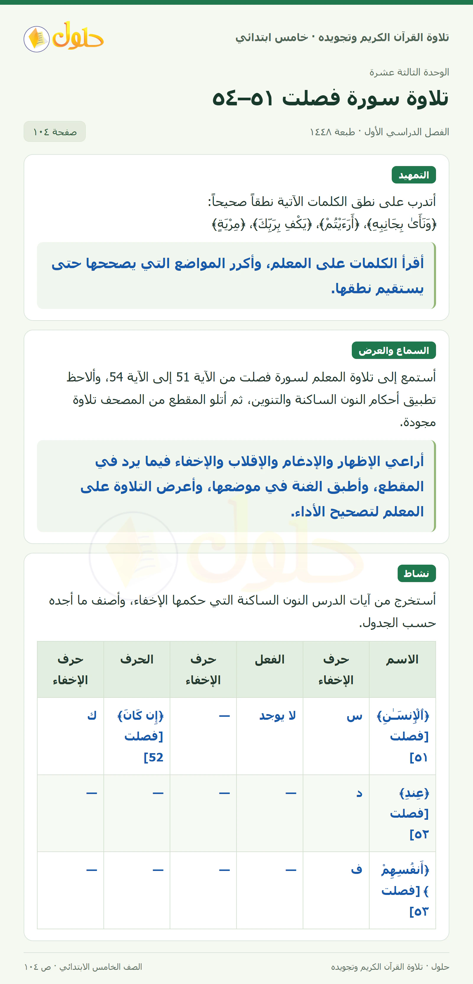 تمهيد · تلاوة وتطبيق في القرآن الكريم والتلاوة للصف الخامس الابتدائي، الفصل الدراسي الأول، صفحة ١٠٤