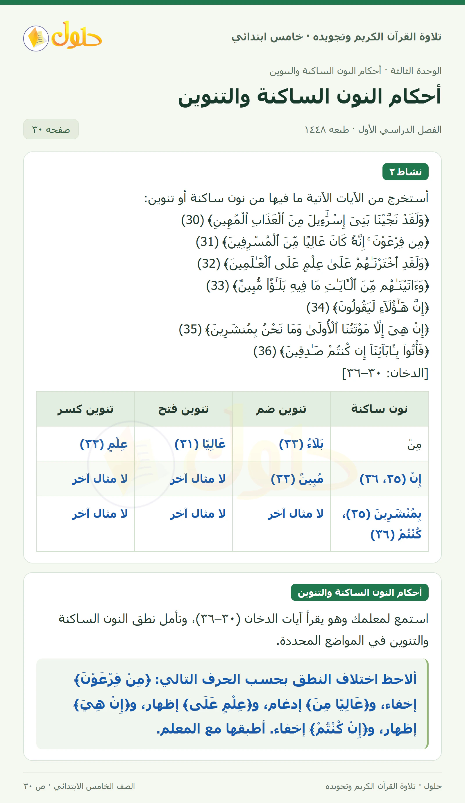 نشاط ٢ · أحكام النون الساكنة والتنوين في القرآن الكريم والتلاوة للصف الخامس الابتدائي، الفصل الدراسي الأول، صفحة ٣٠