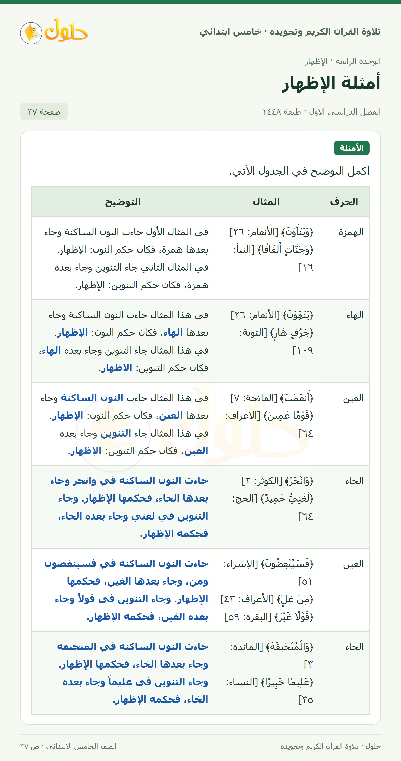 الأمثلة في القرآن الكريم والتلاوة للصف الخامس الابتدائي، الفصل الدراسي الأول، صفحة ٣٧