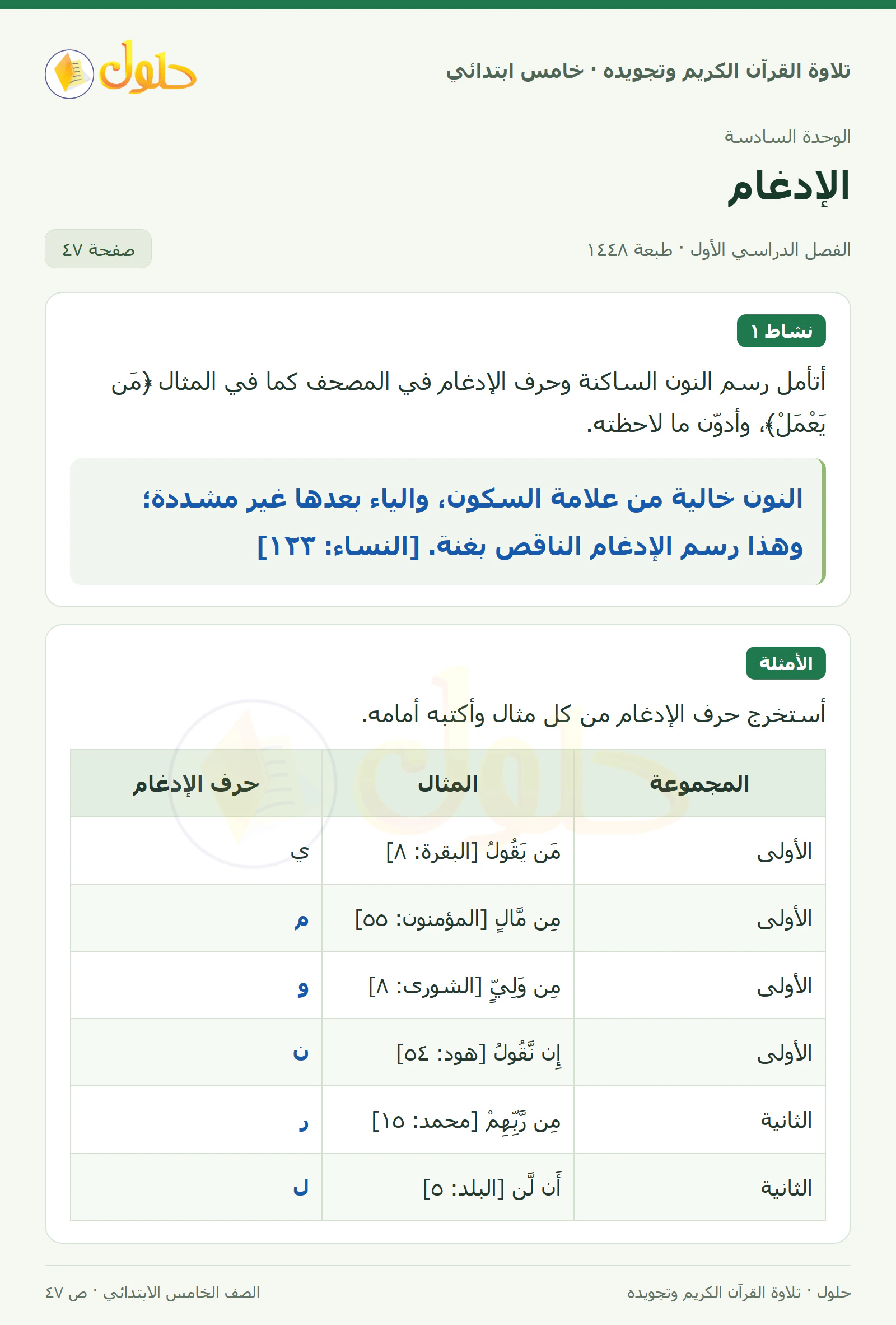 نشاط ١ · الأمثلة في القرآن الكريم والتلاوة للصف الخامس الابتدائي، الفصل الدراسي الأول، صفحة ٤٧
