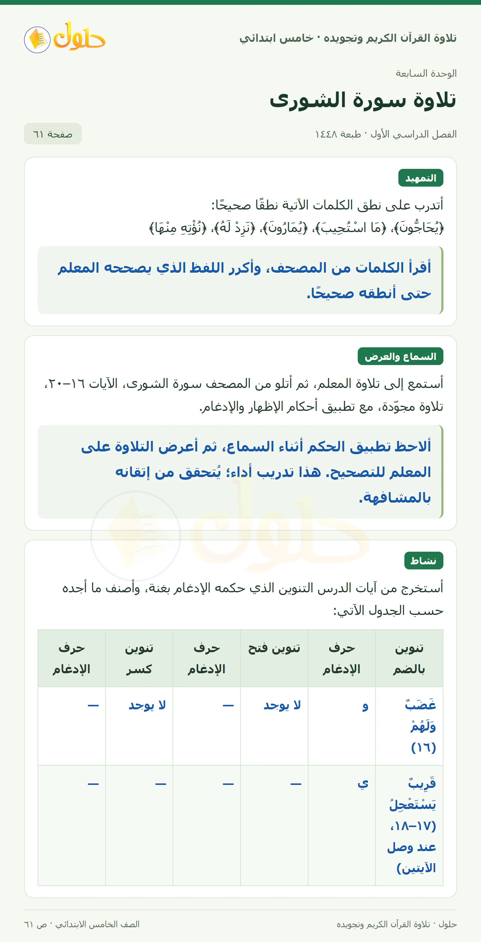 تمهيد · تلاوة وتطبيق في القرآن الكريم والتلاوة للصف الخامس الابتدائي، الفصل الدراسي الأول، صفحة ٦١