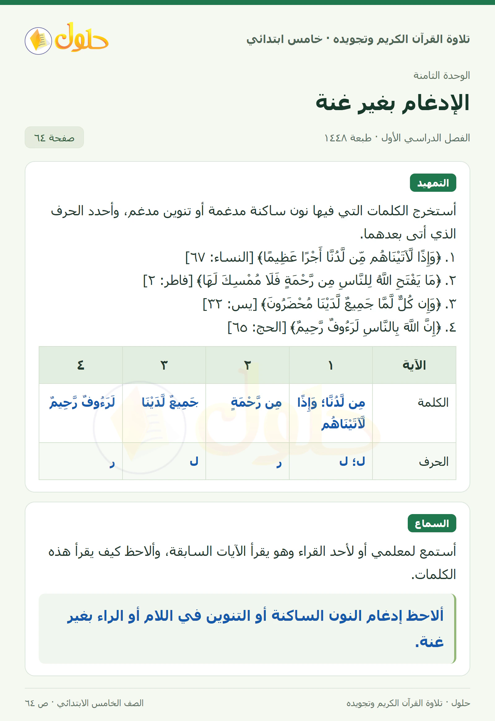 تمهيد · السماع في القرآن الكريم والتلاوة للصف الخامس الابتدائي، الفصل الدراسي الأول، صفحة ٦٤