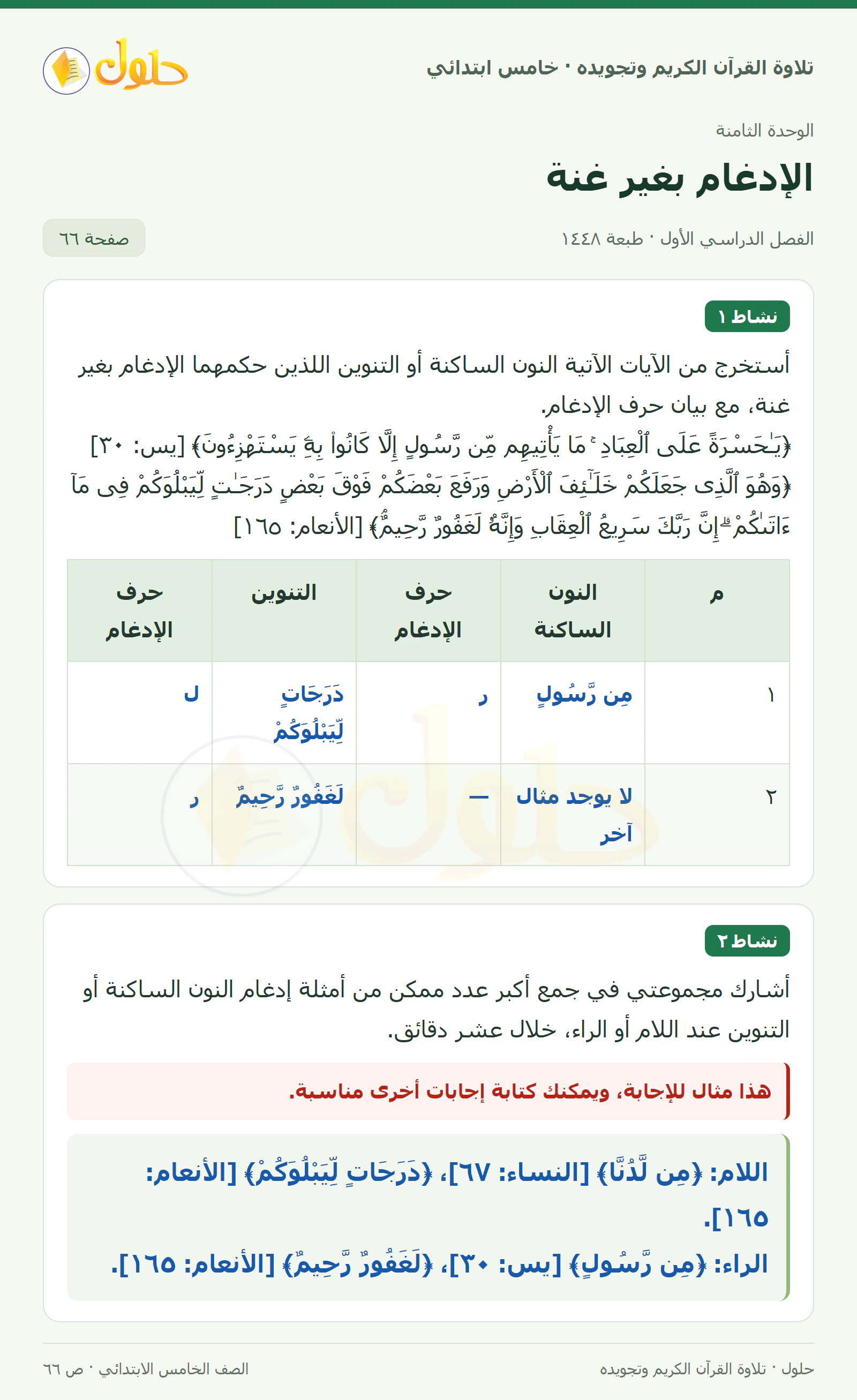 نشاط ١ · نشاط ٢ في القرآن الكريم والتلاوة للصف الخامس الابتدائي، الفصل الدراسي الأول، صفحة ٦٦