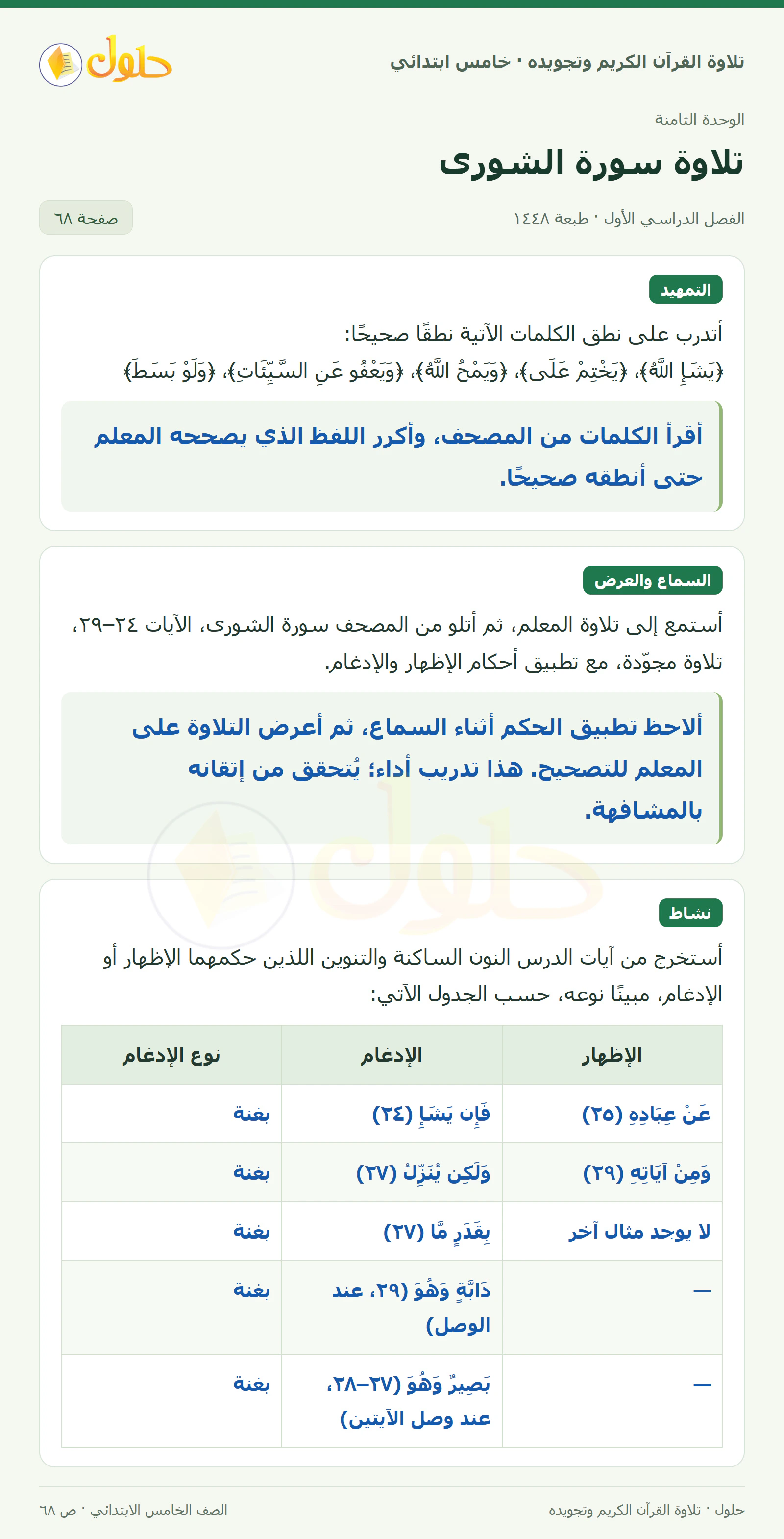 تمهيد · تلاوة وتطبيق في القرآن الكريم والتلاوة للصف الخامس الابتدائي، الفصل الدراسي الأول، صفحة ٦٨