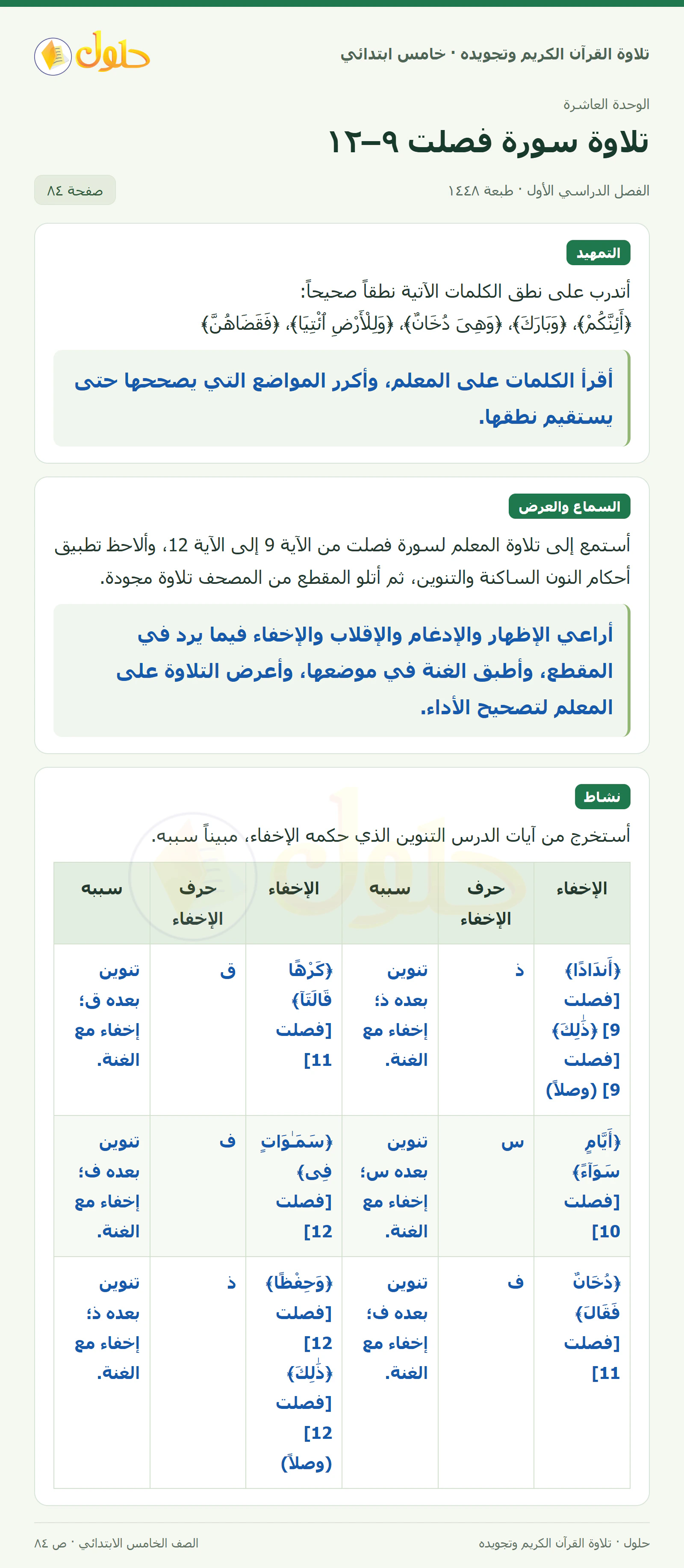تمهيد · تلاوة وتطبيق في القرآن الكريم والتلاوة للصف الخامس الابتدائي، الفصل الدراسي الأول، صفحة ٨٤