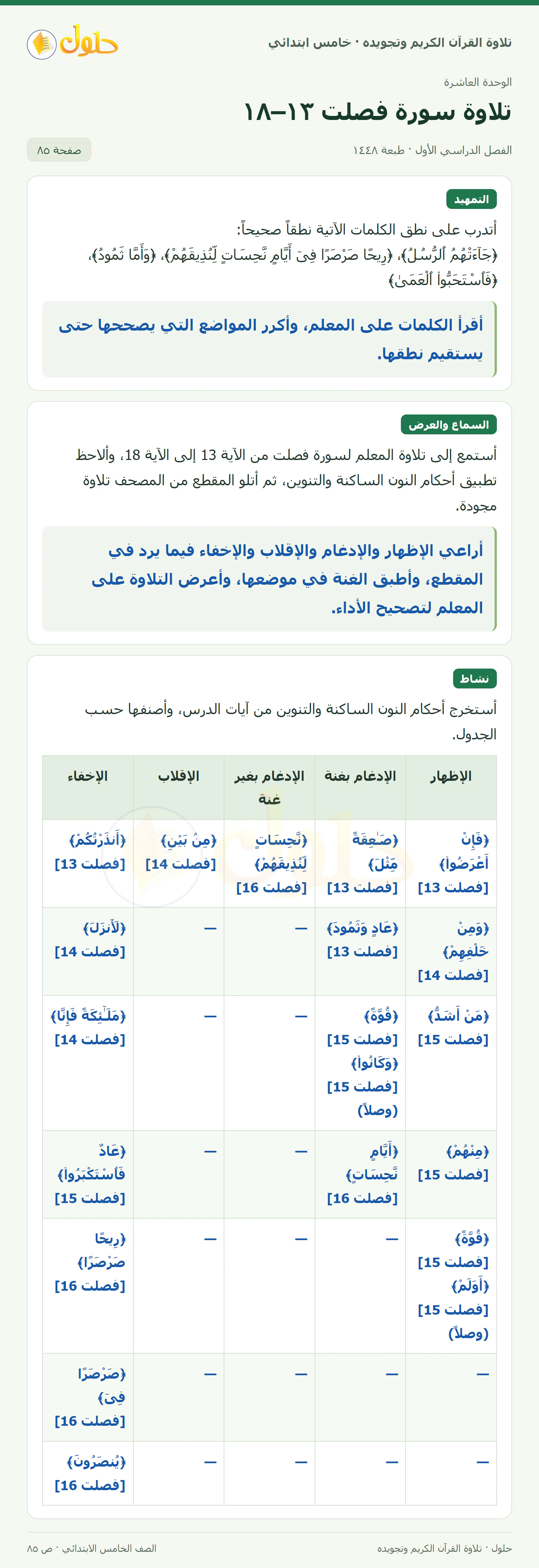 تمهيد · تلاوة وتطبيق في القرآن الكريم والتلاوة للصف الخامس الابتدائي، الفصل الدراسي الأول، صفحة ٨٥