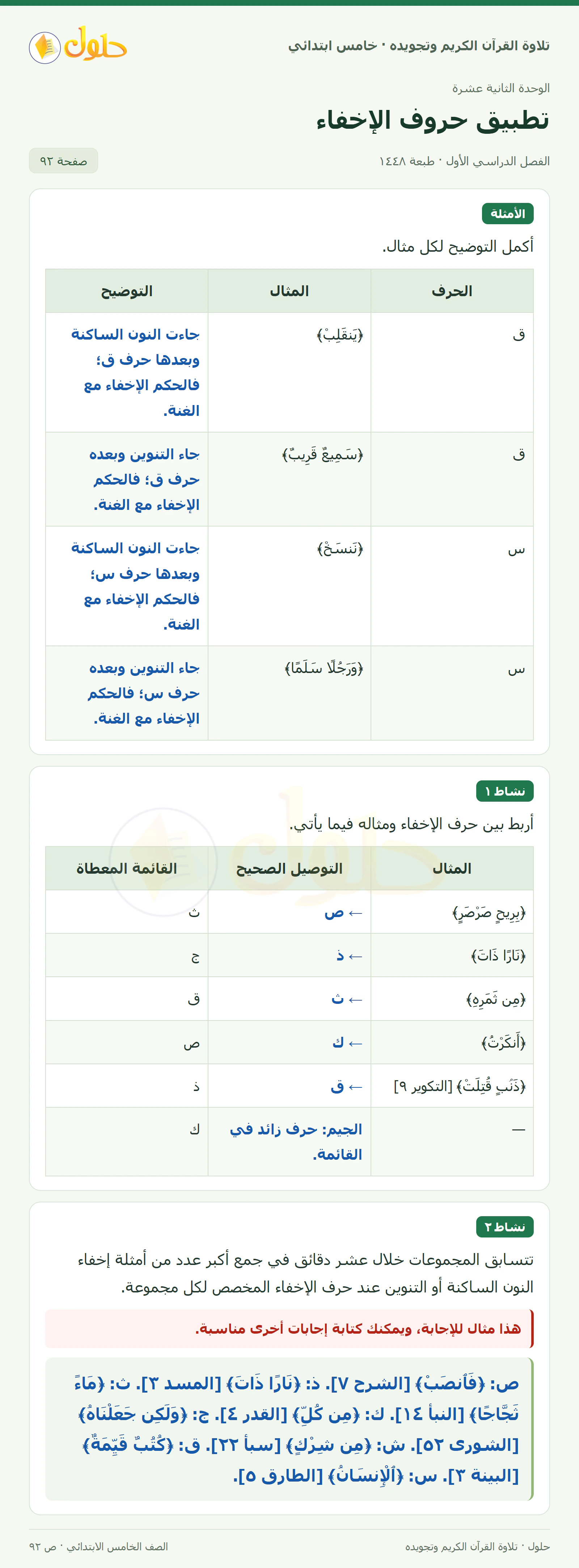 الأمثلة · نشاط ١ في القرآن الكريم والتلاوة للصف الخامس الابتدائي، الفصل الدراسي الأول، صفحة ٩٢
