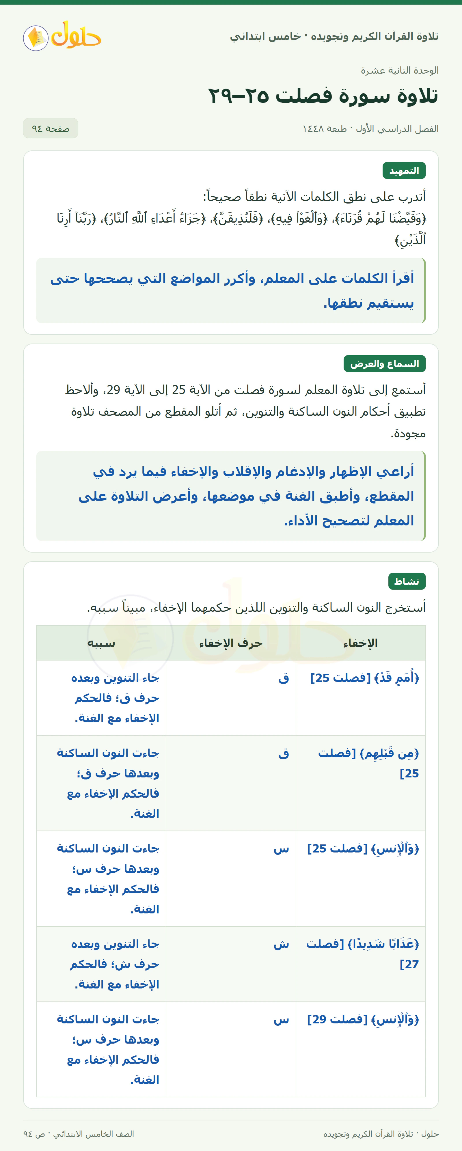 تمهيد · تلاوة وتطبيق في القرآن الكريم والتلاوة للصف الخامس الابتدائي، الفصل الدراسي الأول، صفحة ٩٤