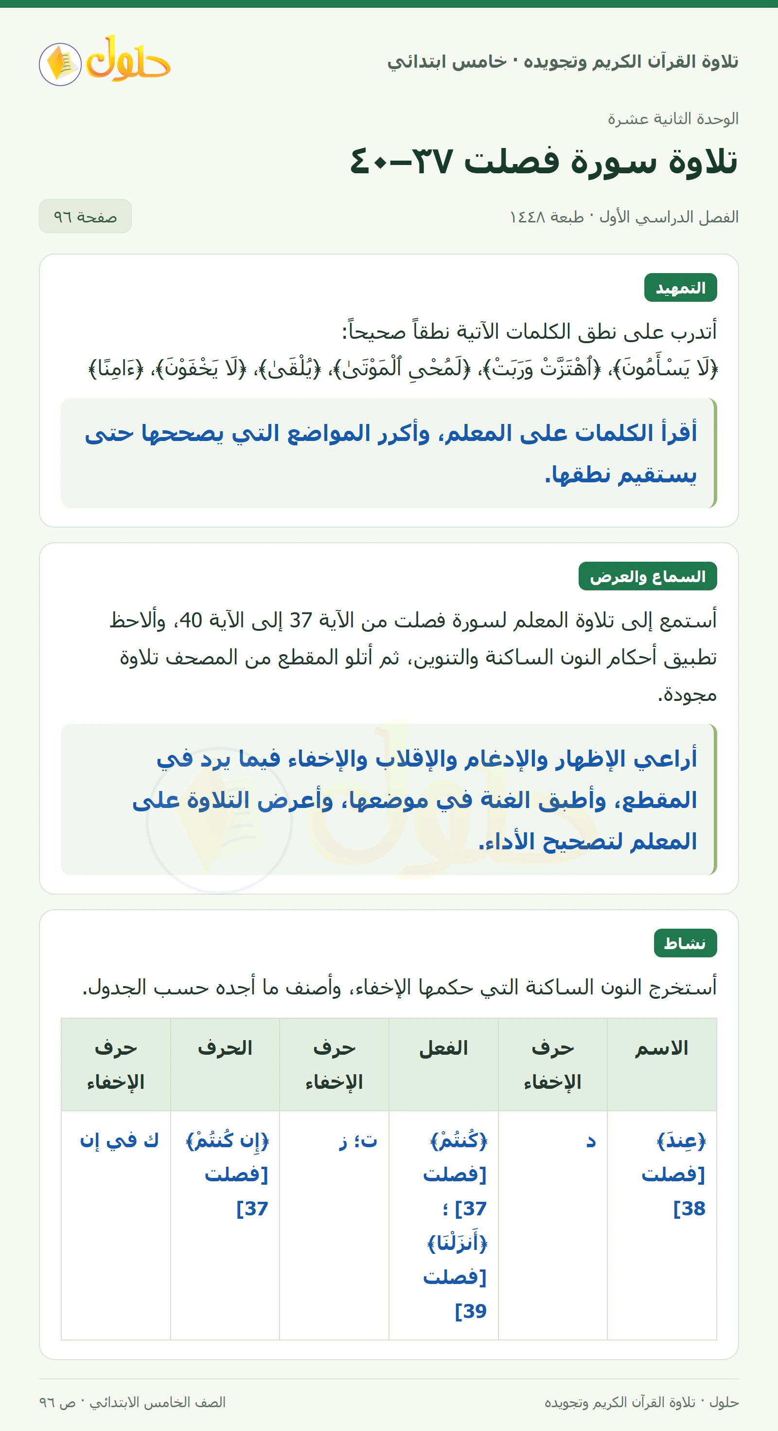 تمهيد · تلاوة وتطبيق في القرآن الكريم والتلاوة للصف الخامس الابتدائي، الفصل الدراسي الأول، صفحة ٩٦