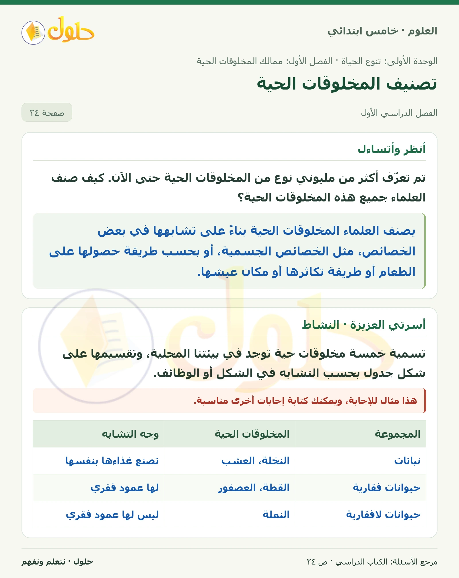 بطاقة العلوم للصف الخامس الابتدائي صفحة 24 الجزء 1