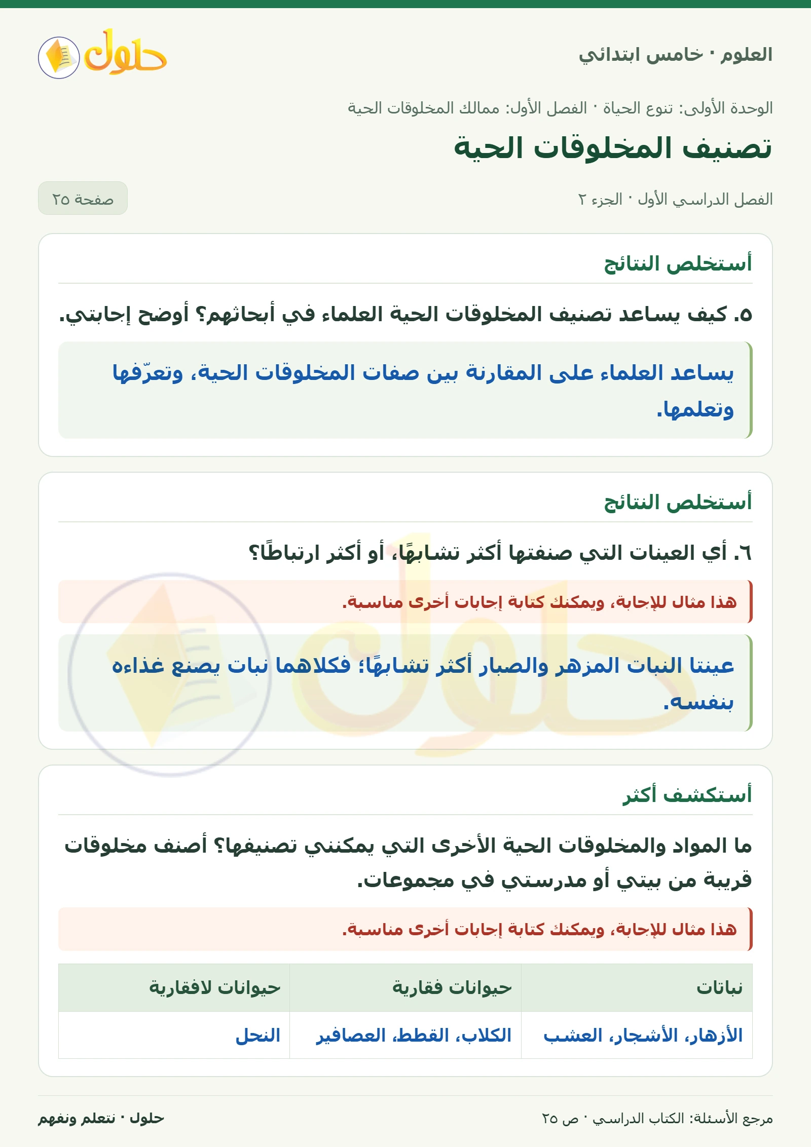 بطاقة العلوم للصف الخامس الابتدائي صفحة 25 الجزء 2
