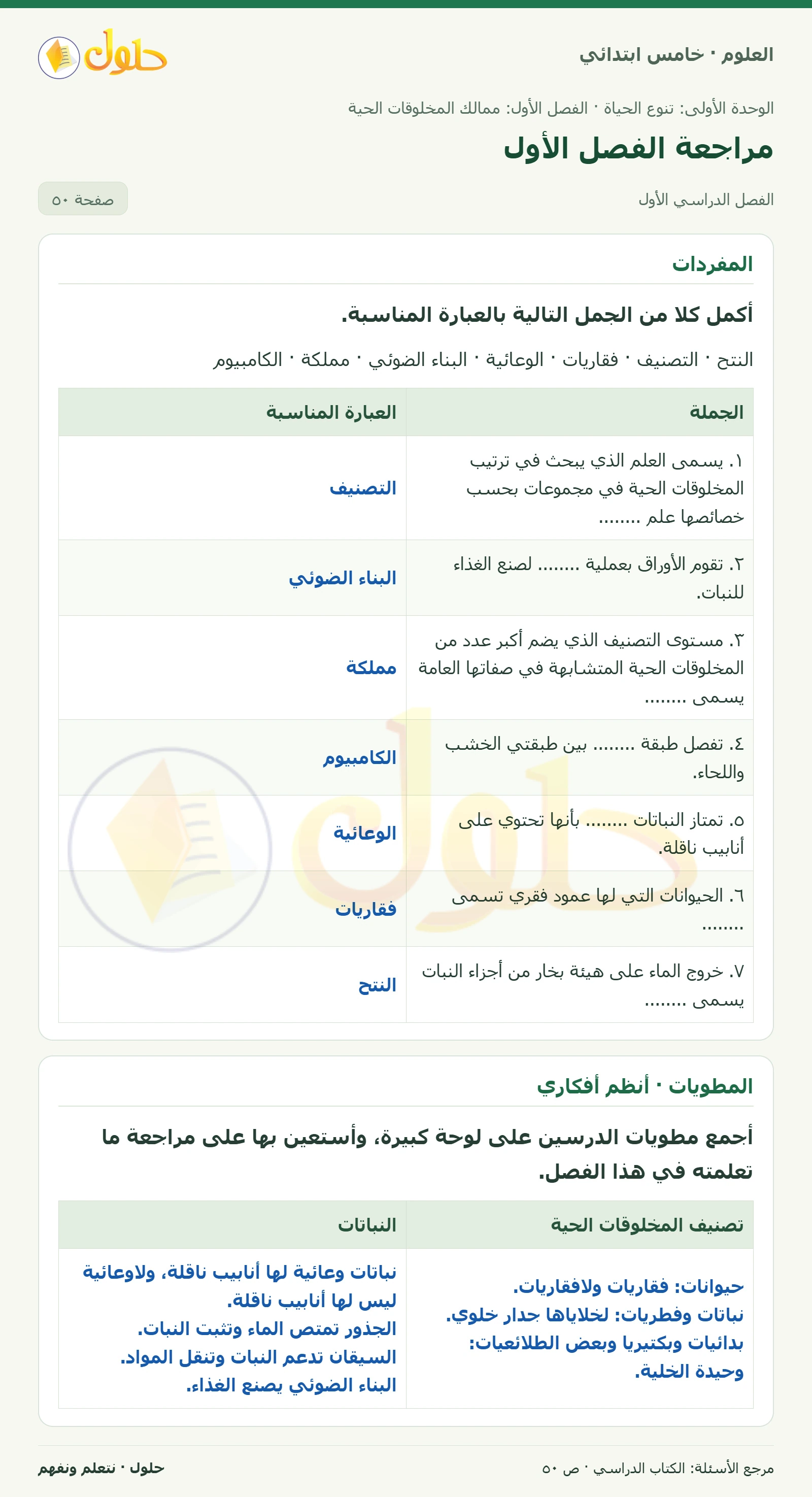 بطاقة العلوم للصف الخامس الابتدائي صفحة 50 الجزء 1
