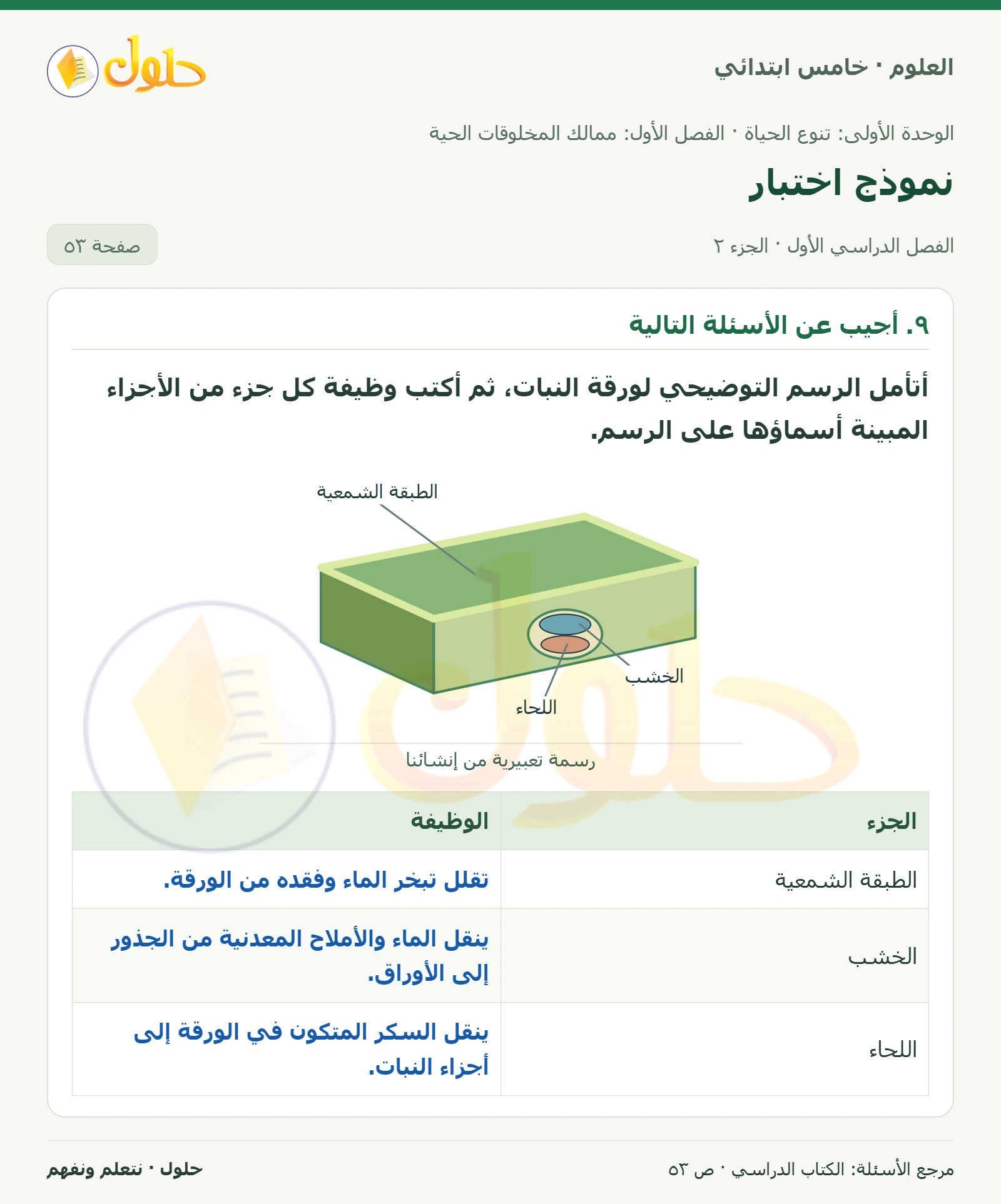 بطاقة العلوم للصف الخامس الابتدائي صفحة 53 الجزء 2