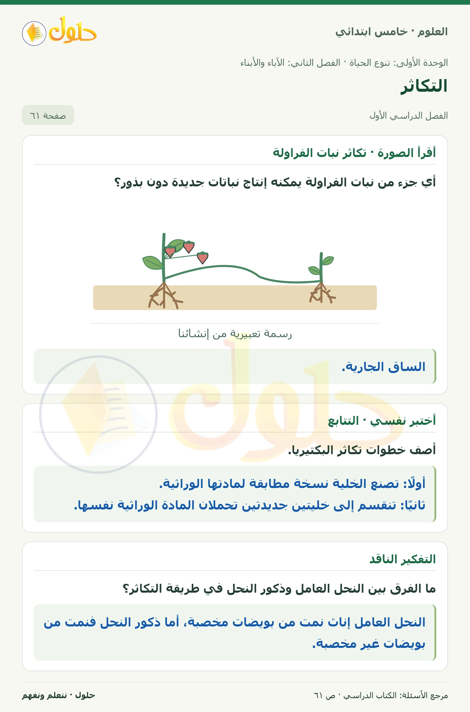 بطاقة العلوم للصف الخامس الابتدائي صفحة 61 الجزء 1