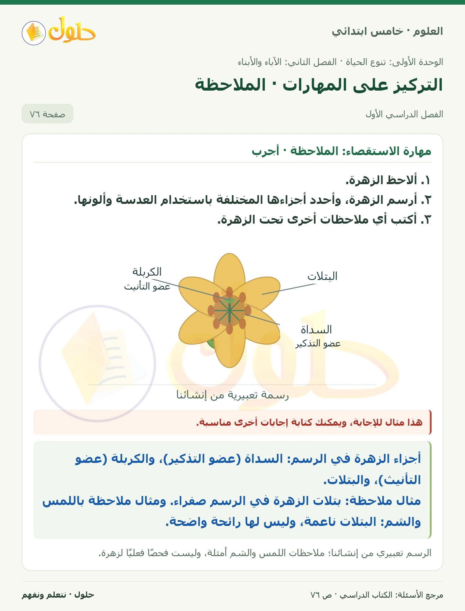 بطاقة العلوم للصف الخامس الابتدائي صفحة 76 الجزء 1