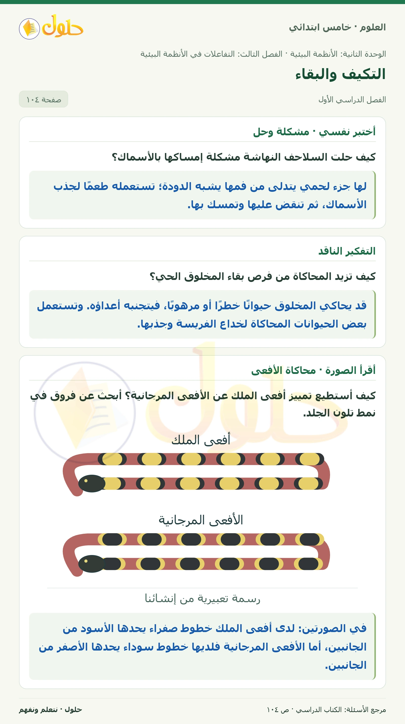 بطاقة العلوم للصف الخامس الابتدائي صفحة 104 الجزء 1