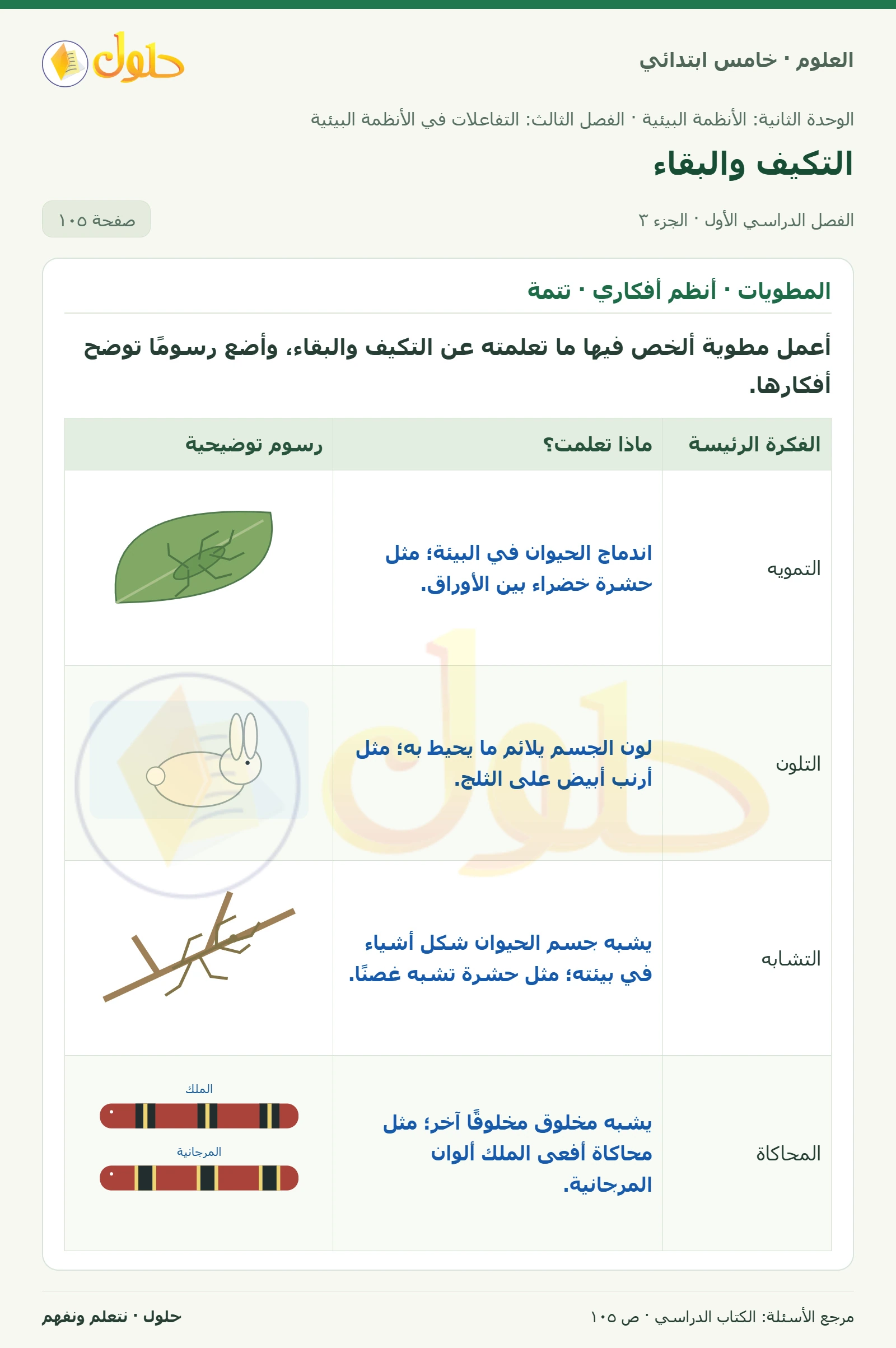 بطاقة العلوم للصف الخامس الابتدائي صفحة 105 الجزء 3