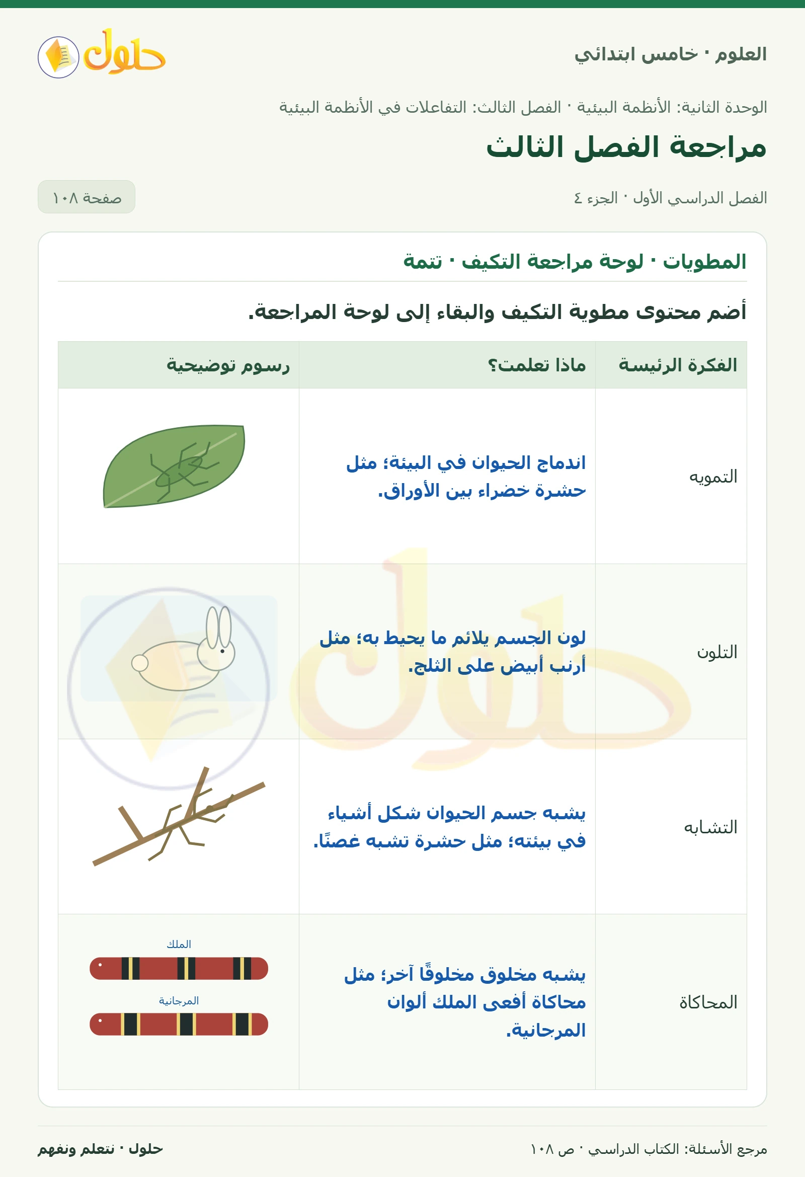 بطاقة العلوم للصف الخامس الابتدائي صفحة 108 الجزء 4