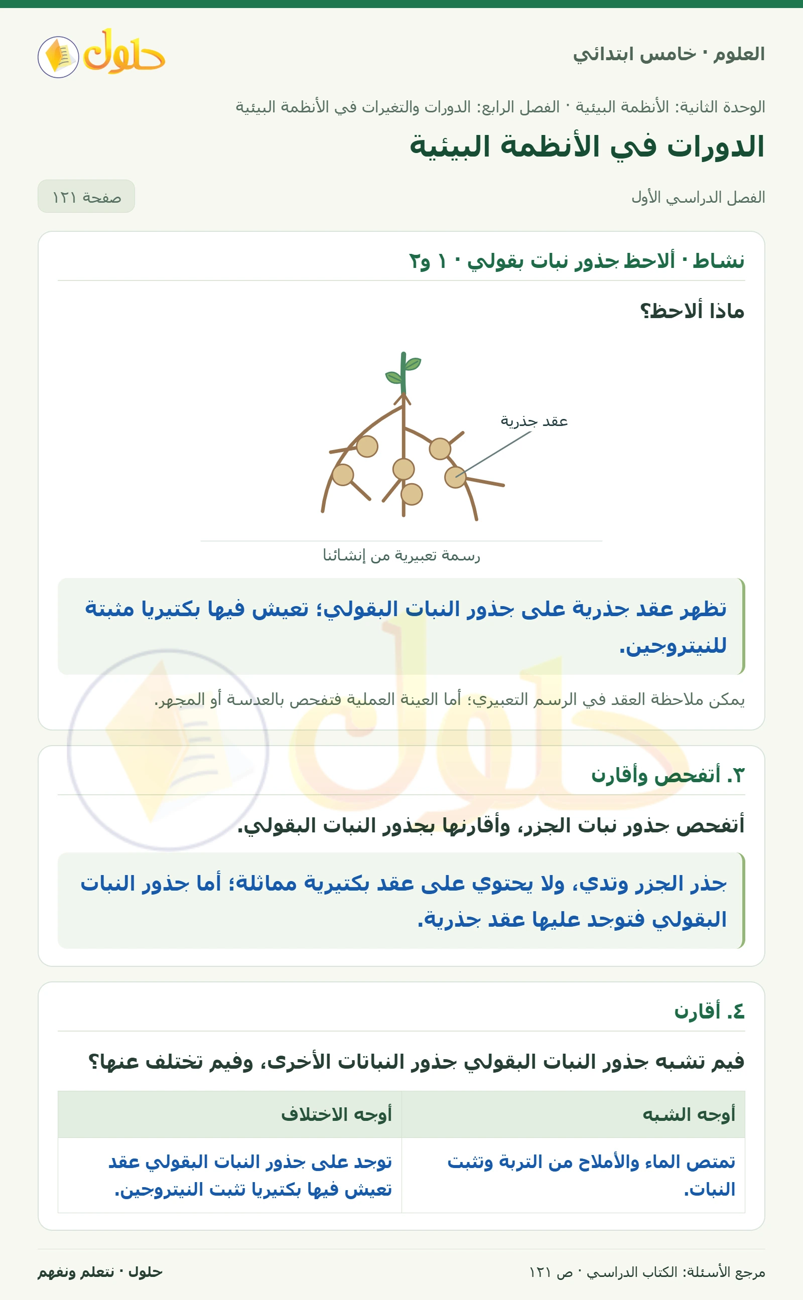 بطاقة العلوم للصف الخامس الابتدائي صفحة 121 الجزء 1
