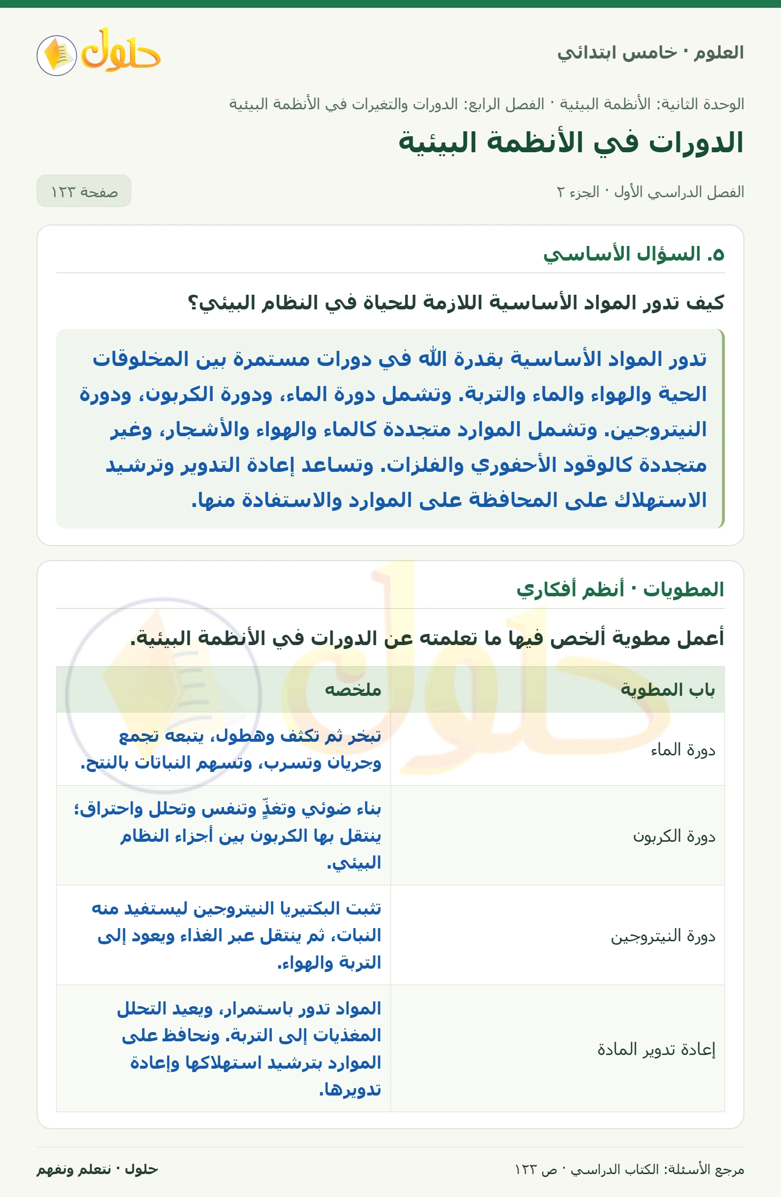 بطاقة العلوم للصف الخامس الابتدائي صفحة 123 الجزء 2