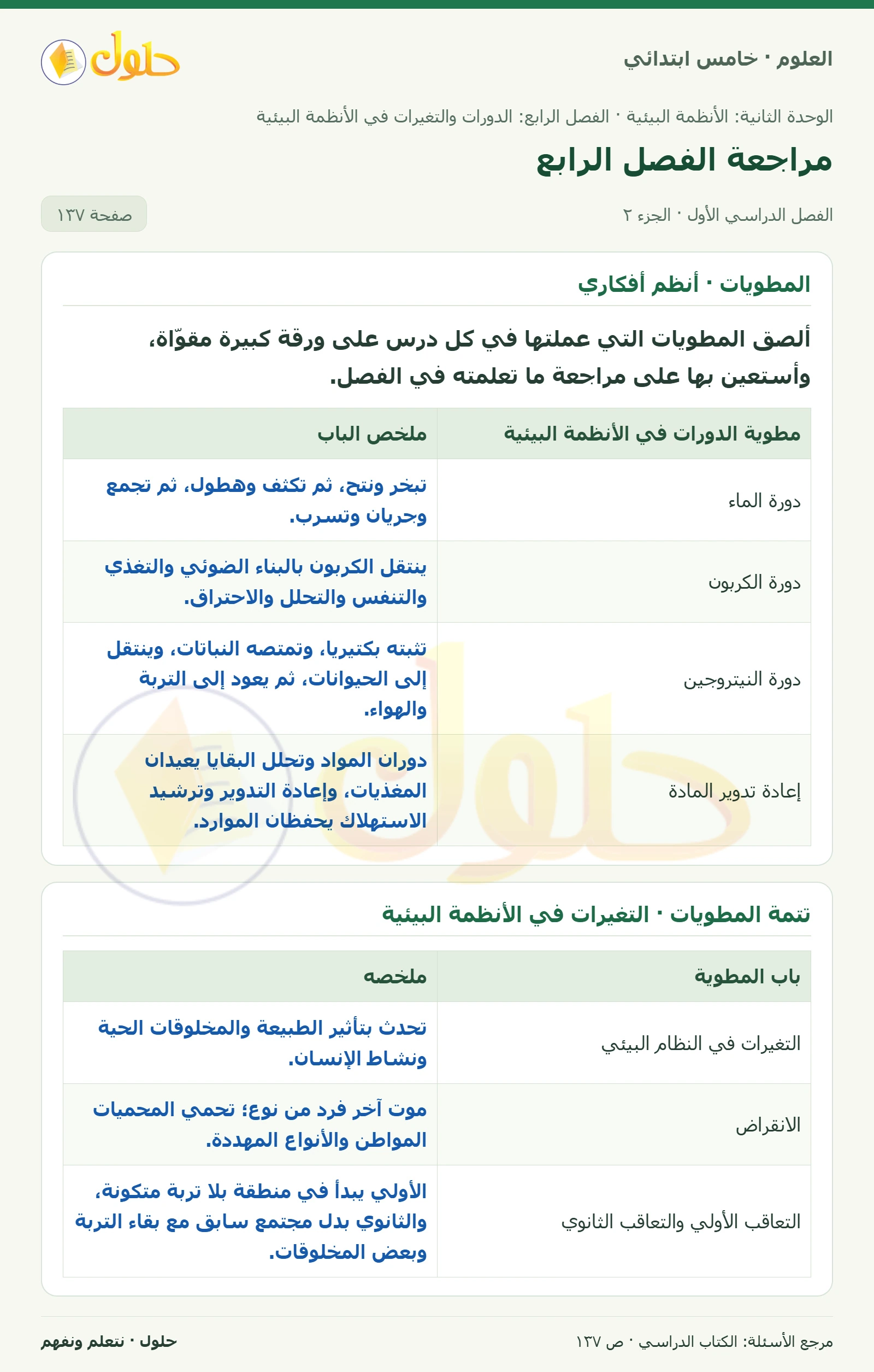 بطاقة العلوم للصف الخامس الابتدائي صفحة 137 الجزء 2