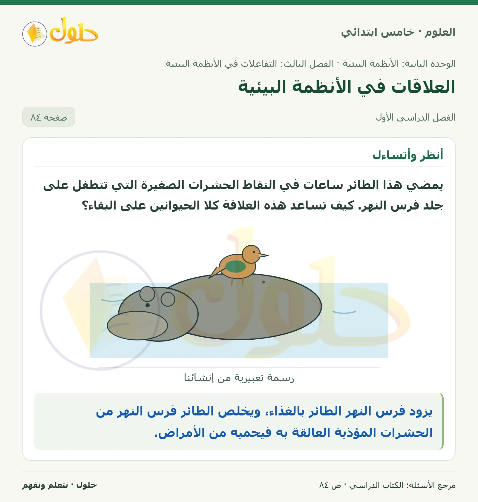 بطاقة العلوم للصف الخامس الابتدائي صفحة 84 الجزء 1