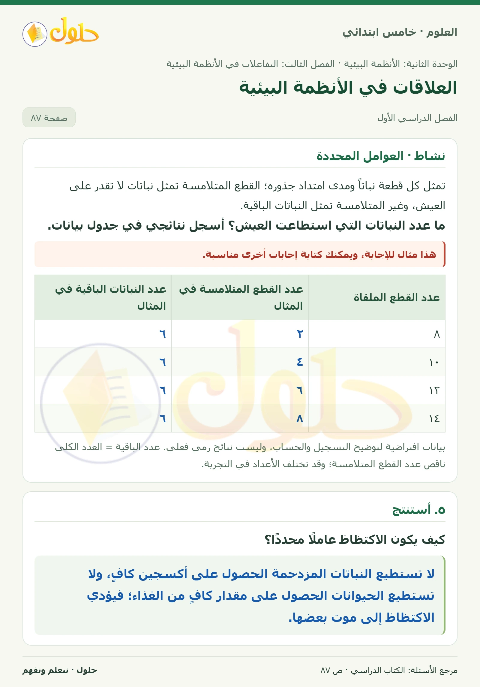 بطاقة العلوم للصف الخامس الابتدائي صفحة 87 الجزء 1