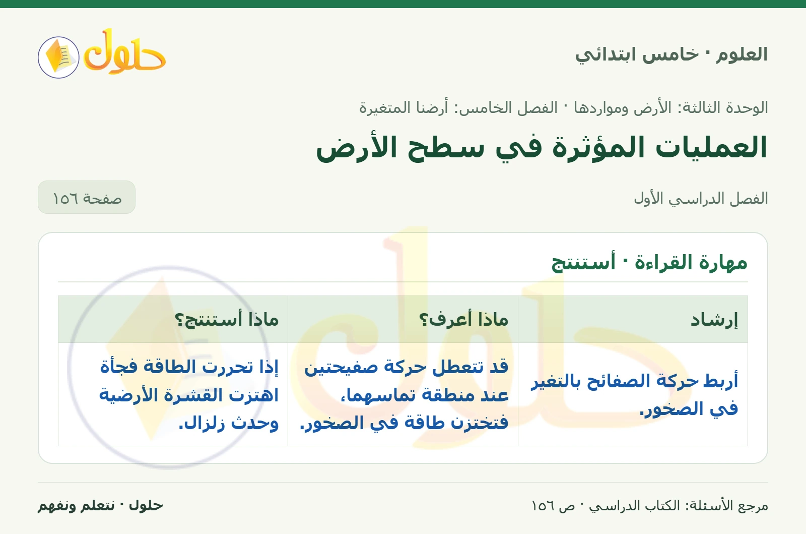 بطاقة العلوم للصف الخامس الابتدائي صفحة 156 الجزء 1