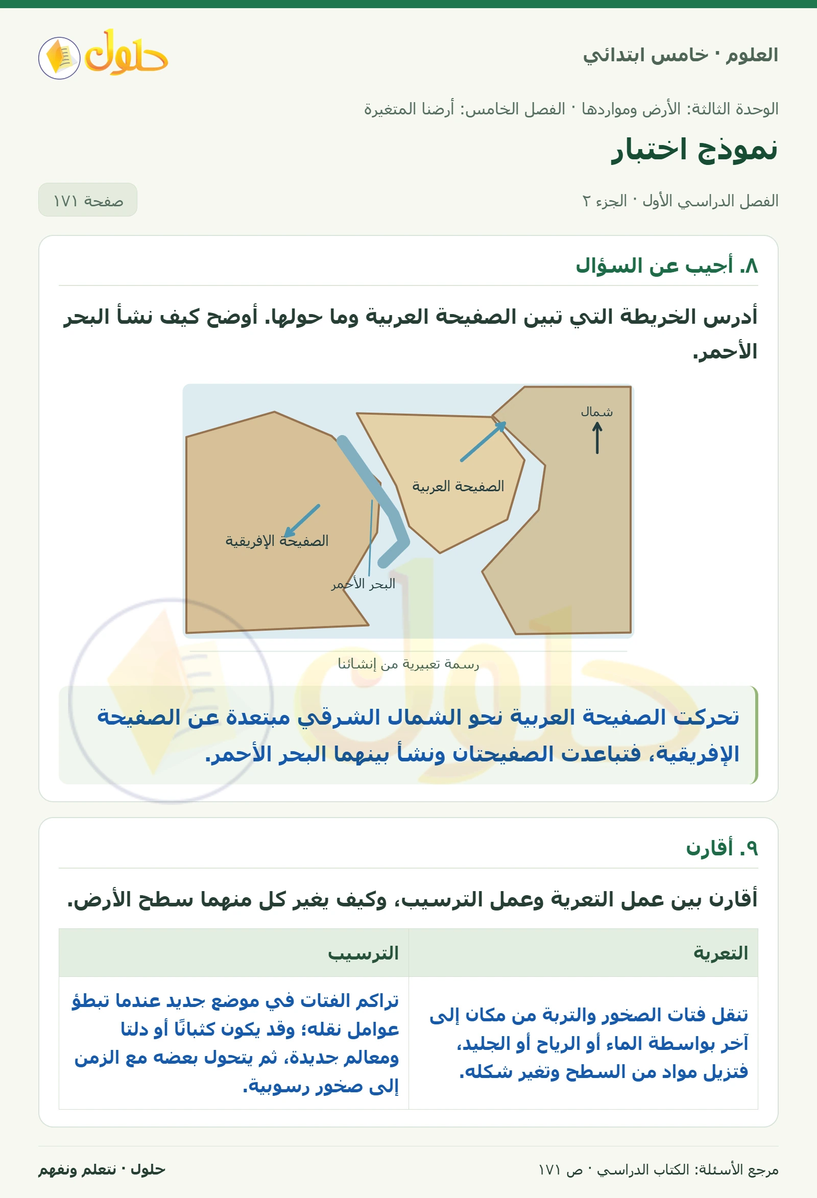 بطاقة العلوم للصف الخامس الابتدائي صفحة 171 الجزء 2