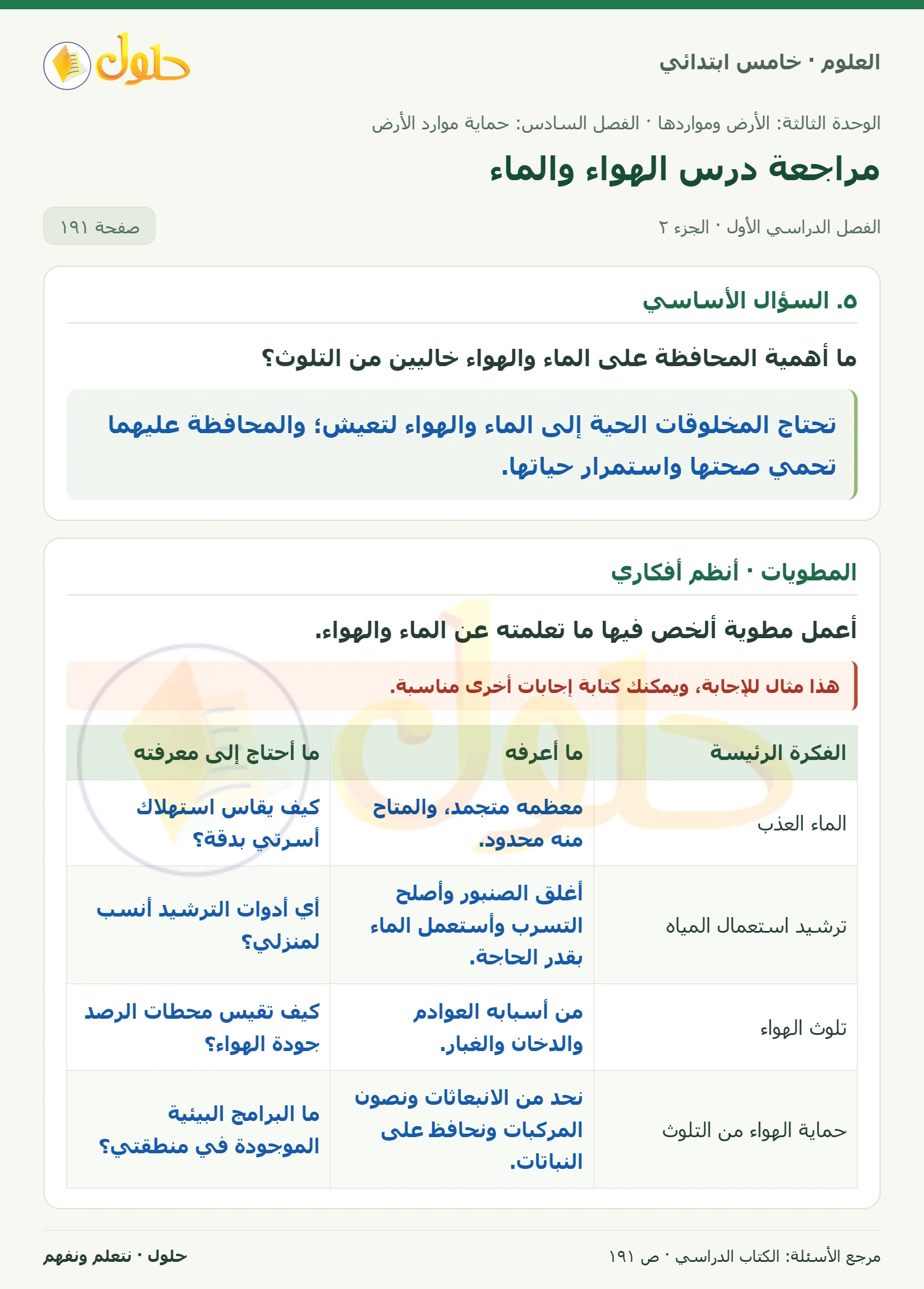 بطاقة العلوم للصف الخامس الابتدائي صفحة 191 الجزء 2